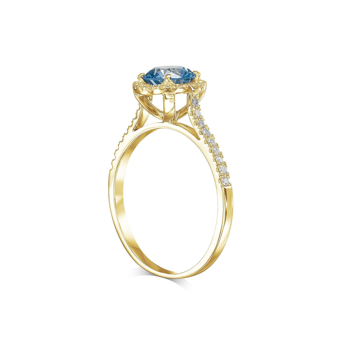 1.5 Carat Fancy Vivid Blue Round Cut Diamond Halo Cathedral Engagement Ring with Pavé Side Diamonds