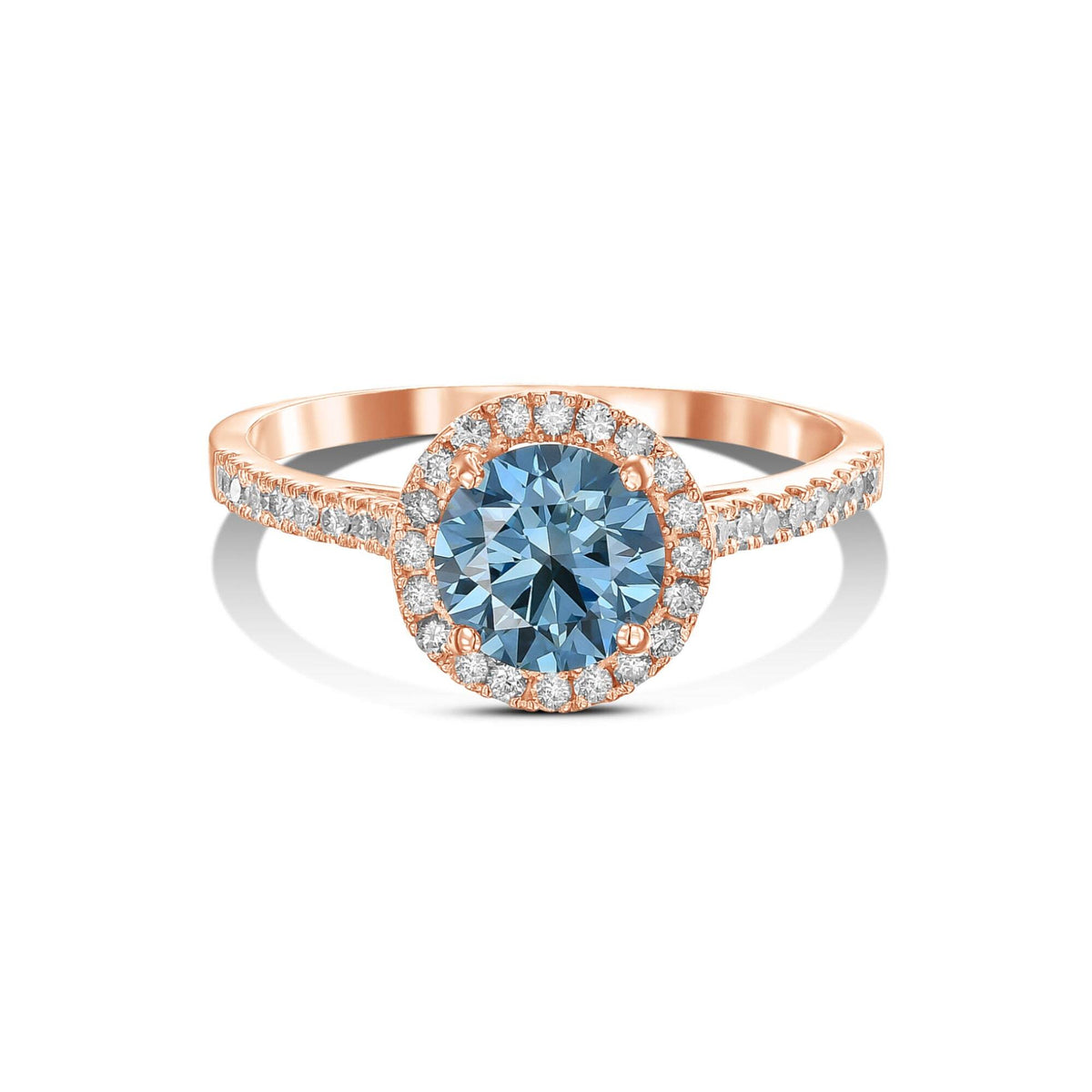 1.5 Carat Fancy Vivid Blue Round Cut Diamond Halo Cathedral Engagement Ring with Pavé Side Diamonds