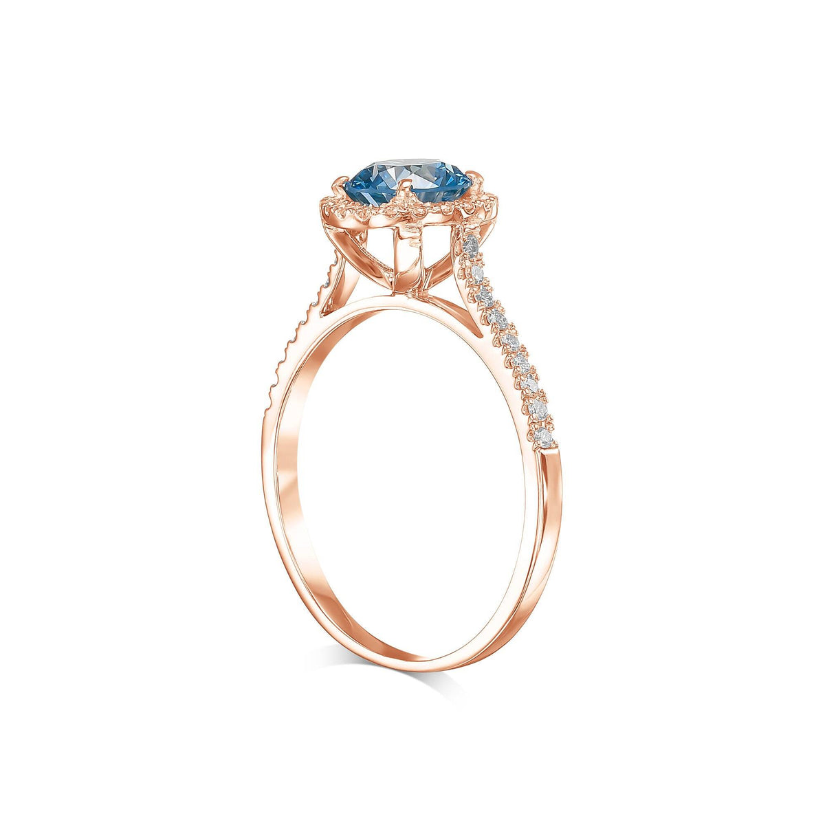 1.5 Carat Fancy Vivid Blue Round Cut Diamond Halo Cathedral Engagement Ring with Pavé Side Diamonds