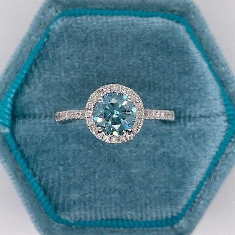 1.5 Carat Fancy Vivid Blue Round Cut Diamond Halo Cathedral Engagement Ring with Pavé Side Diamonds