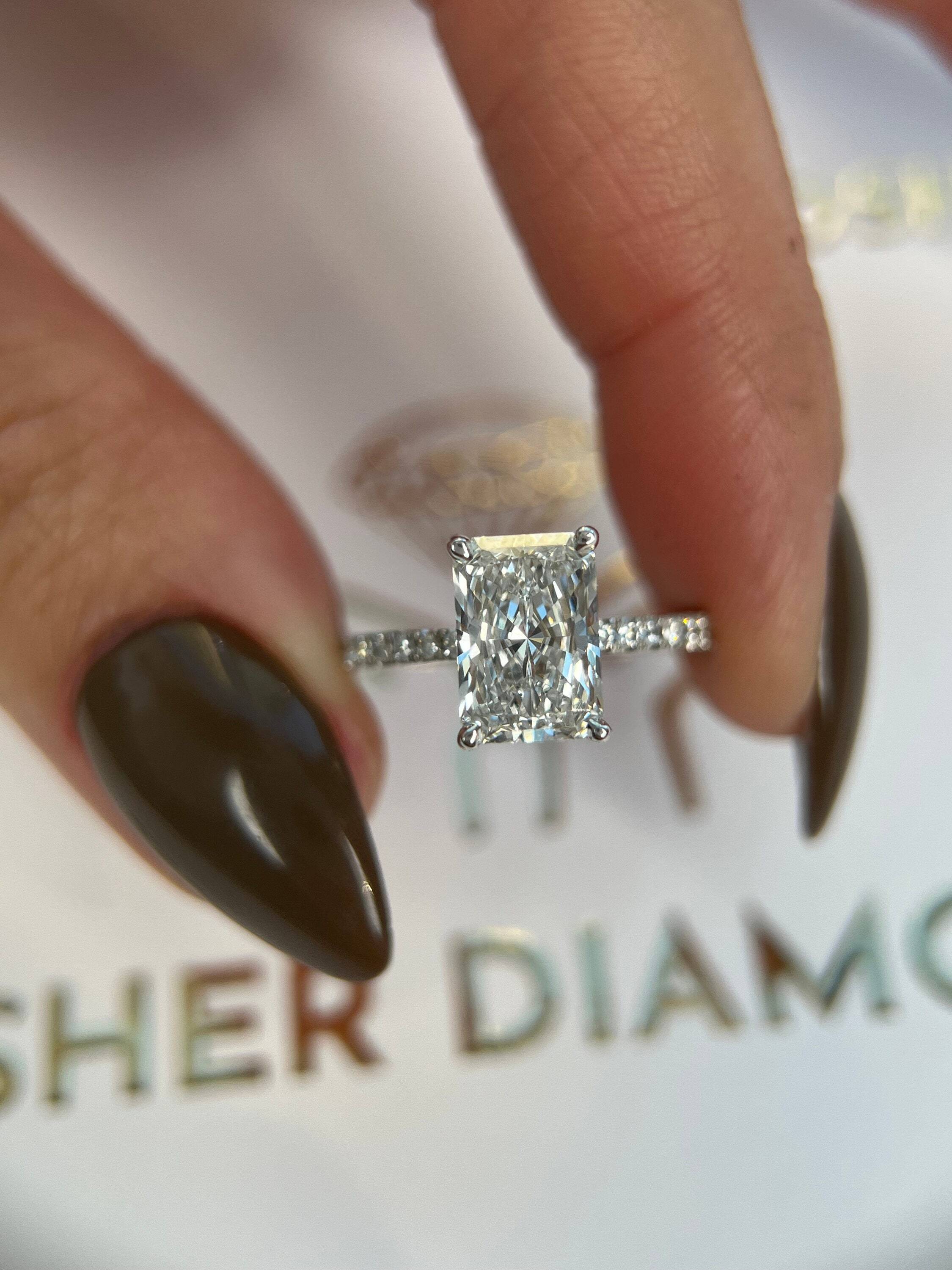 2.25 Carat Elongated Radiant Cut Hidden Halo Diamond Engagement Ring