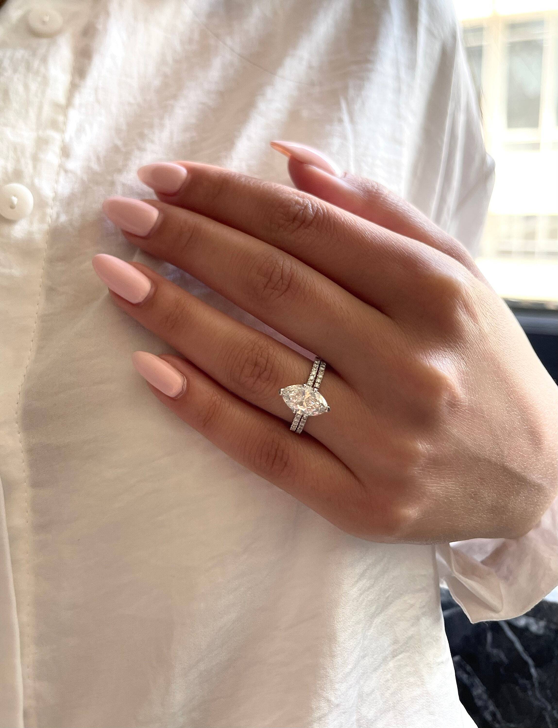 2.5 carat Marquise Cut Diamond Hidden Halo Engagement Ring Set, Matching Round Cut Diamond Band White Gold