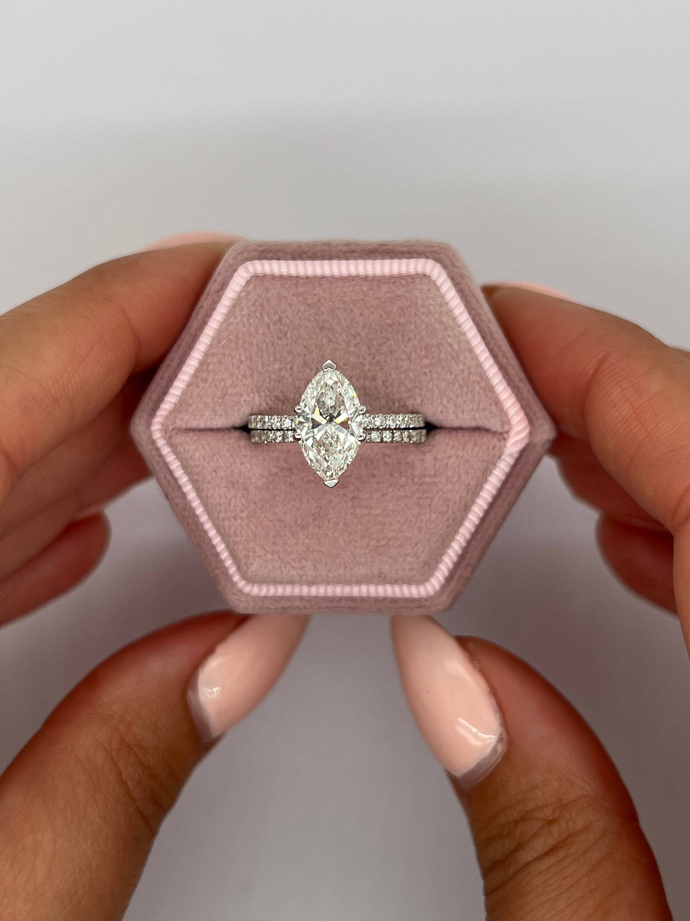 2.5 carat Marquise Cut Diamond Hidden Halo Engagement Ring Set, Matching Round Cut Diamond Band White Gold