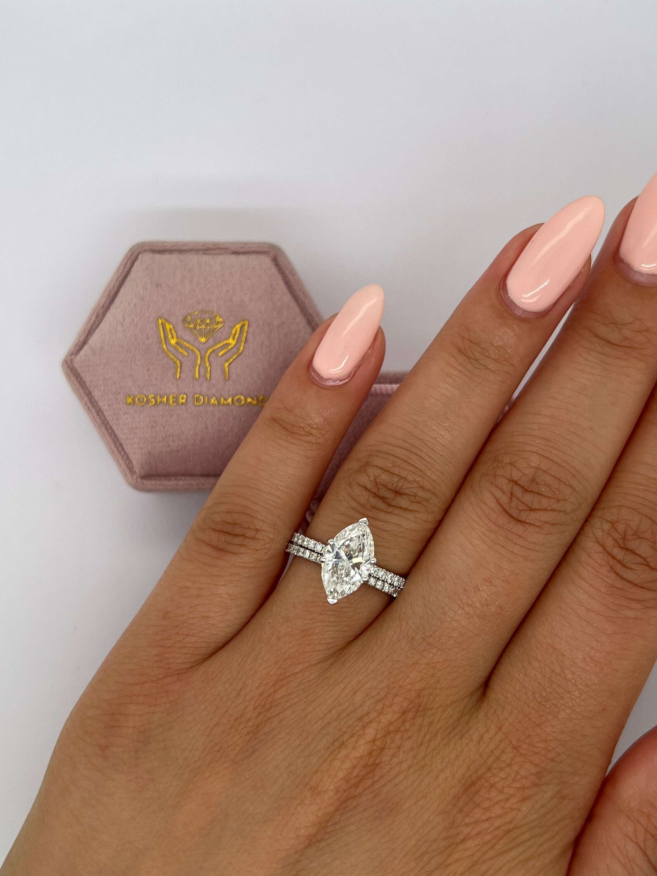 2.5 carat Marquise Cut Diamond Hidden Halo Engagement Ring Set, Matching Round Cut Diamond Band White Gold