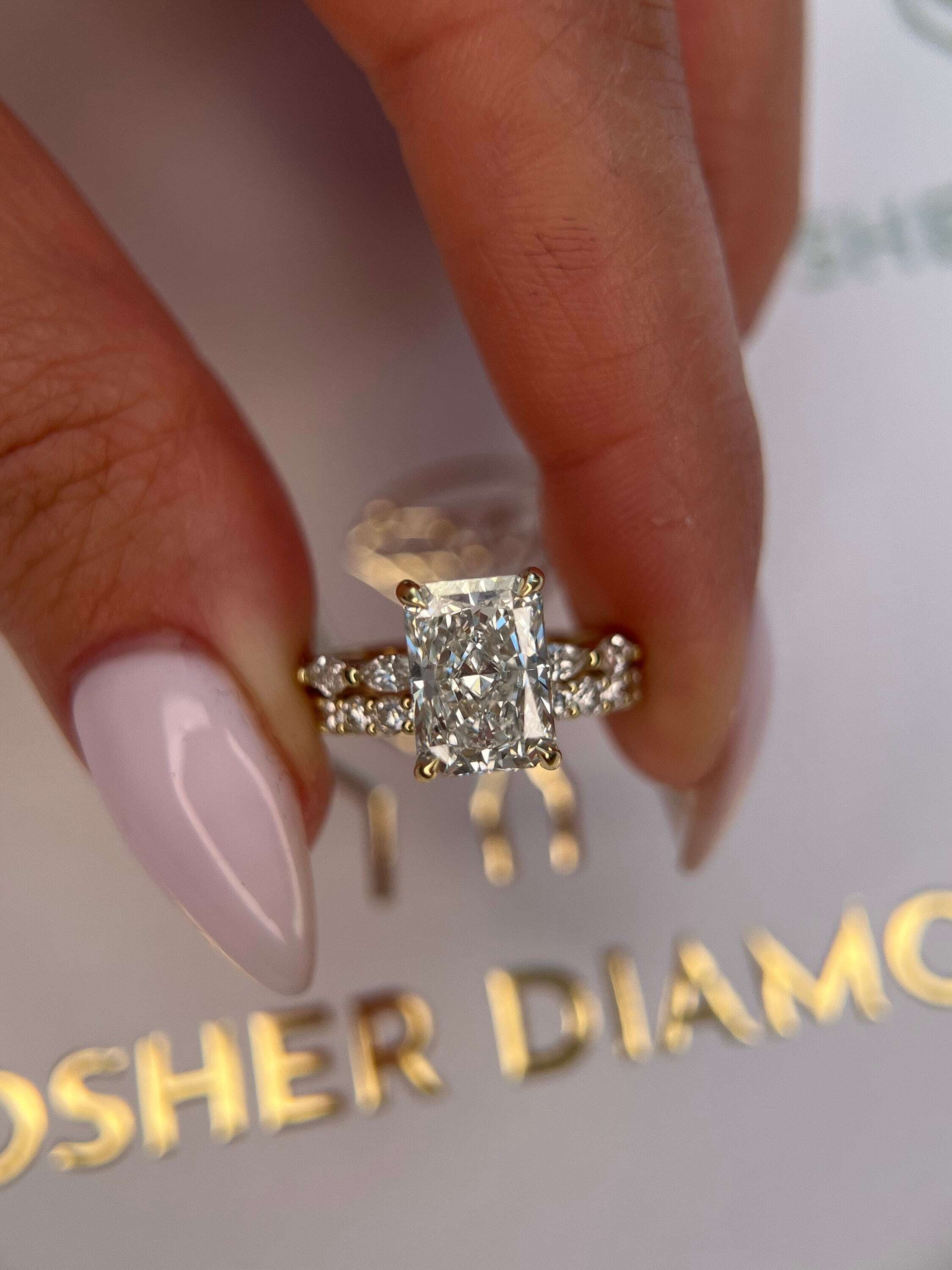 3.75 Carat Radiant Cut Hidden Halo Diamond Engagement Ring Side Marquise Set, Matching Round Diamond Band