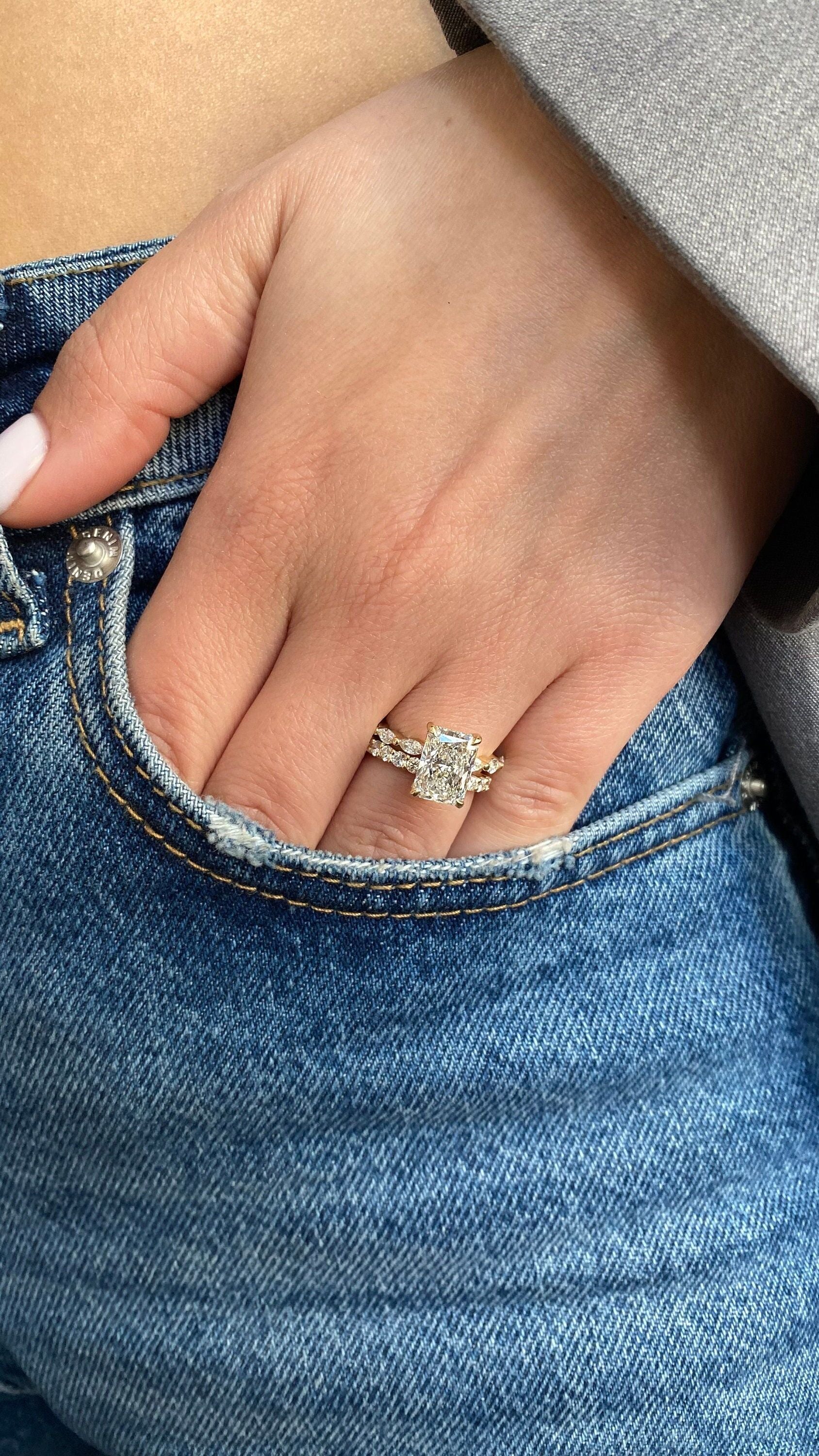 3.75 Carat Radiant Cut Hidden Halo Diamond Engagement Ring Side Marquise Set, Matching Round Diamond Band