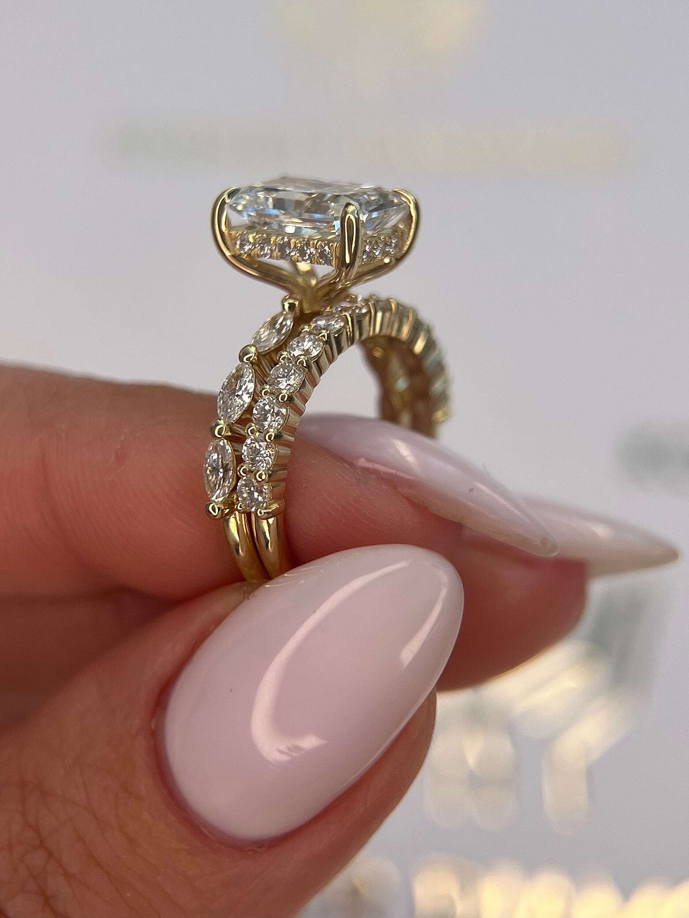 3.75 Carat Radiant Cut Hidden Halo Diamond Engagement Ring Side Marquise Set, Matching Round Diamond Band