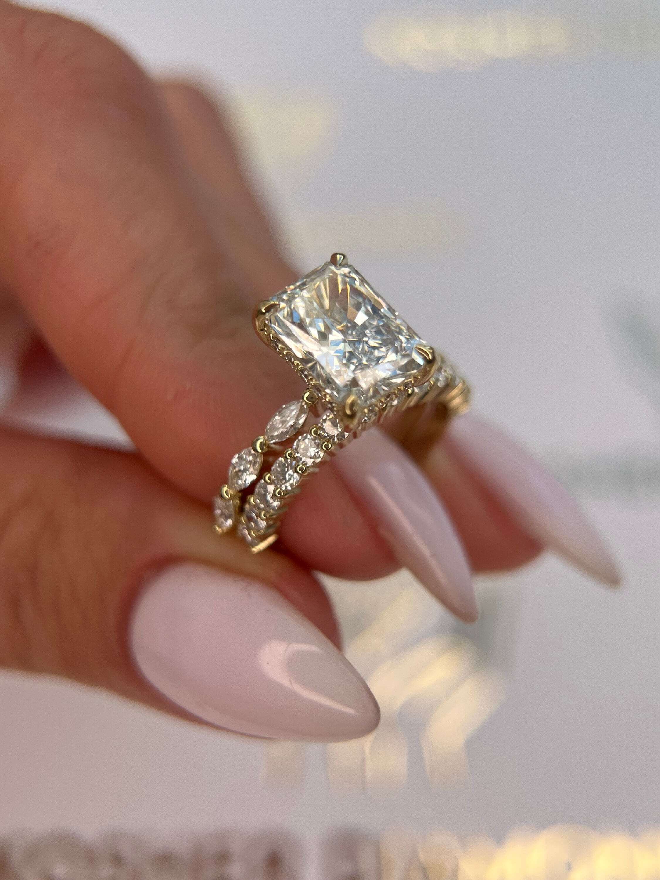 3.75 Carat Radiant Cut Hidden Halo Diamond Engagement Ring Side Marquise Set, Matching Round Diamond Band