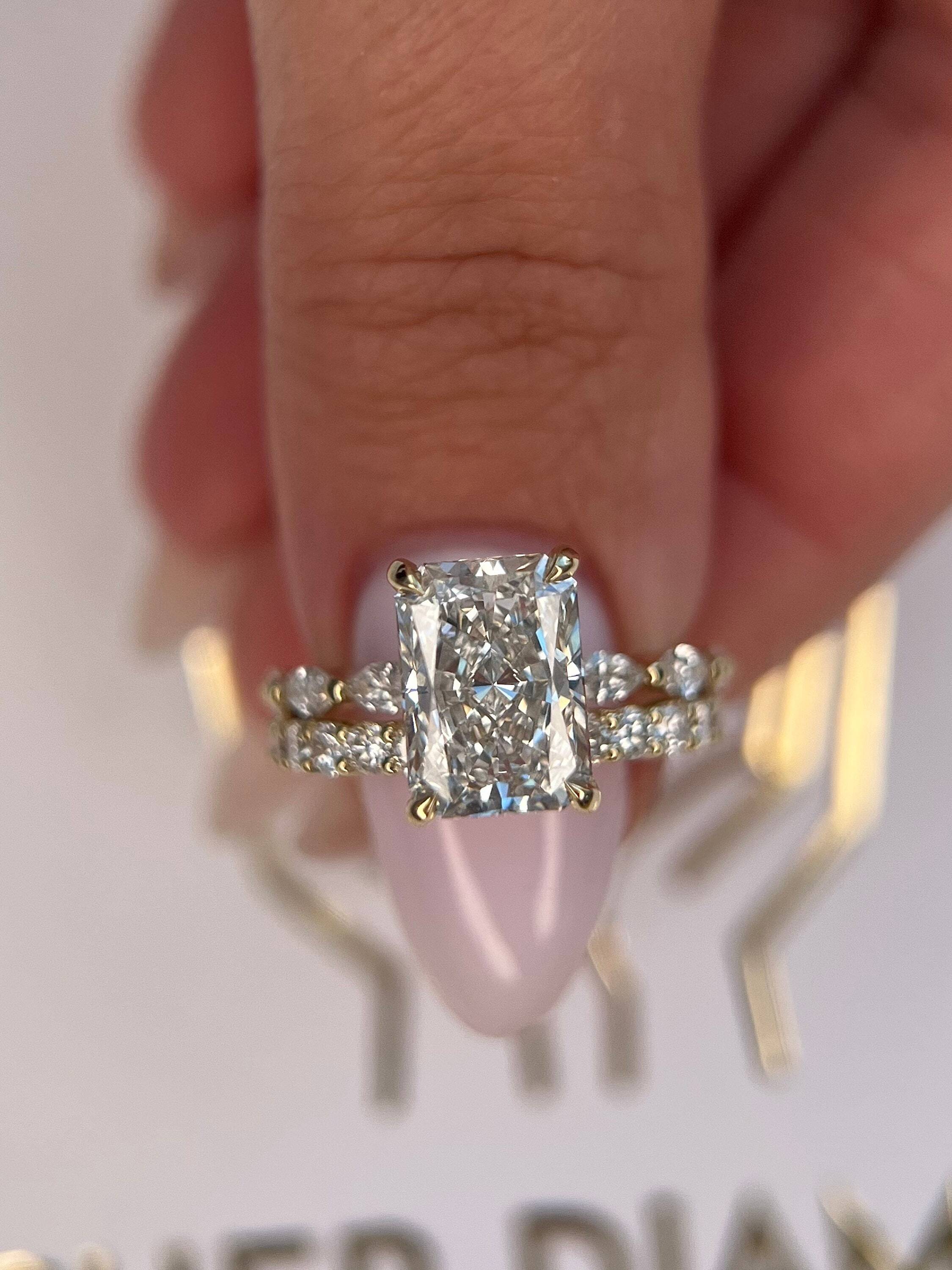 3.75 Carat Radiant Cut Hidden Halo Diamond Engagement Ring Side Marquise Set, Matching Round Diamond Band