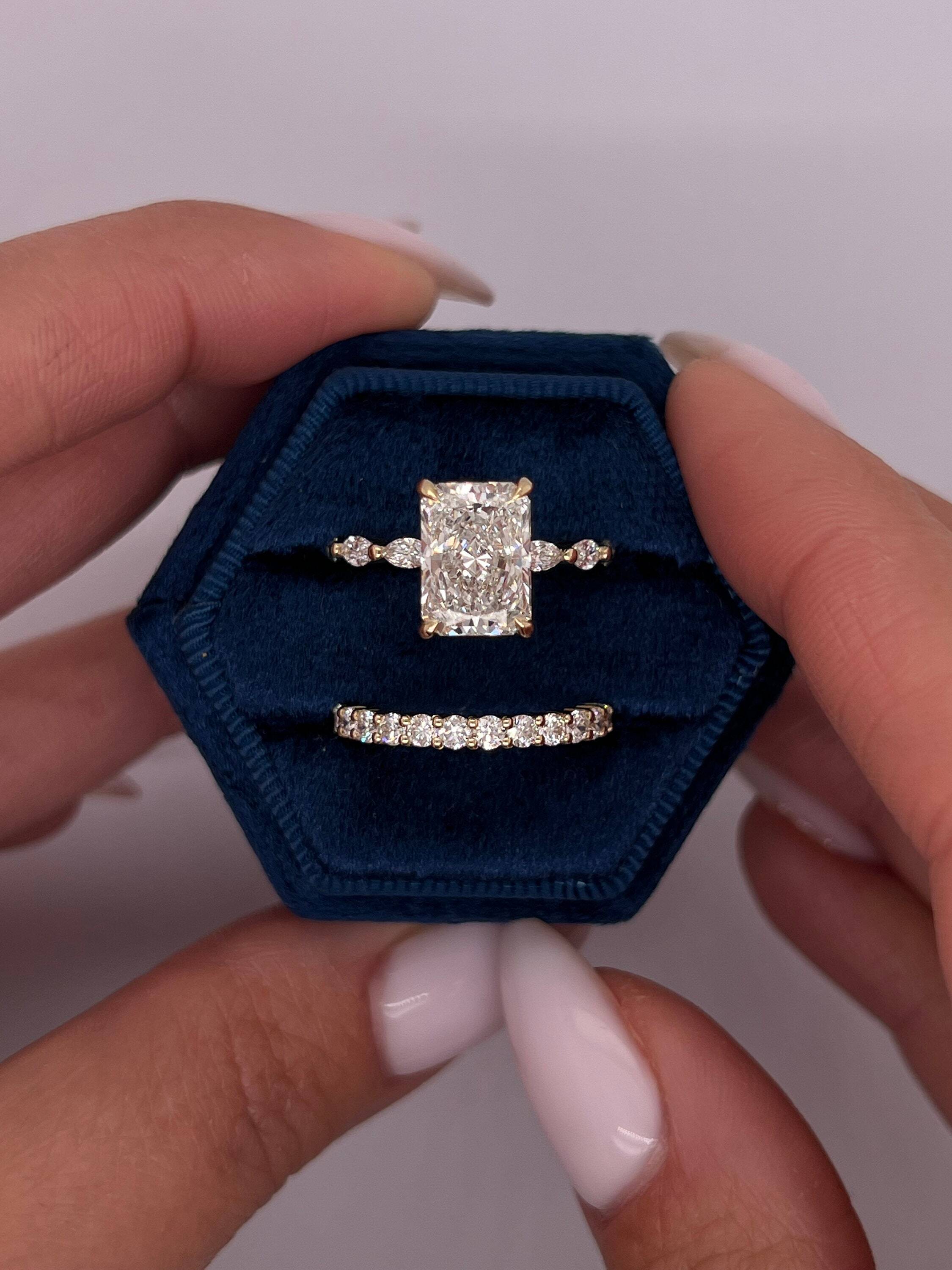 3.75 Carat Radiant Cut Hidden Halo Diamond Engagement Ring Side Marquise Set, Matching Round Diamond Band