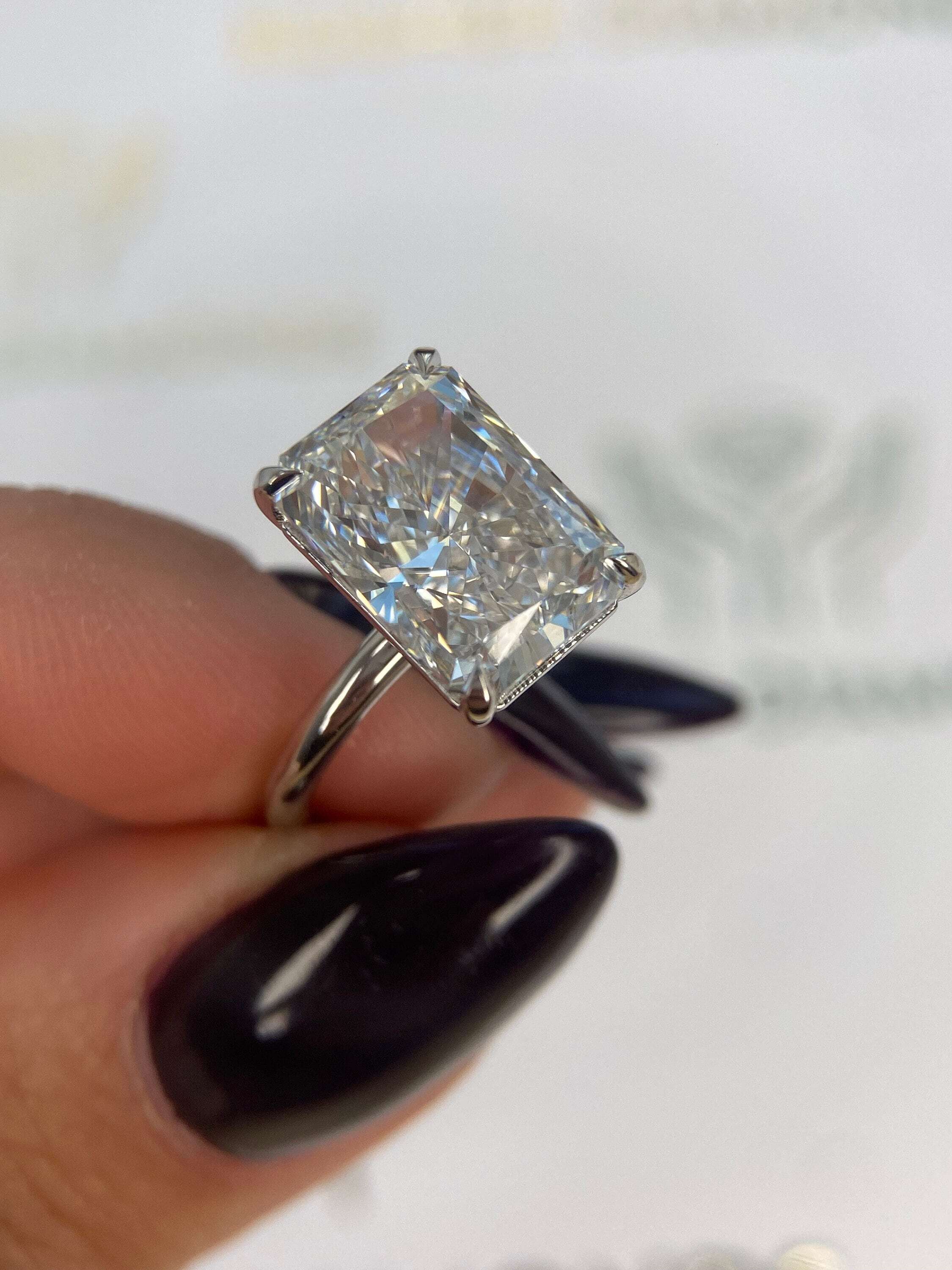 6 Carat Elongated Radiant Excellent Cut Diamond Solitaire Engagement Ring