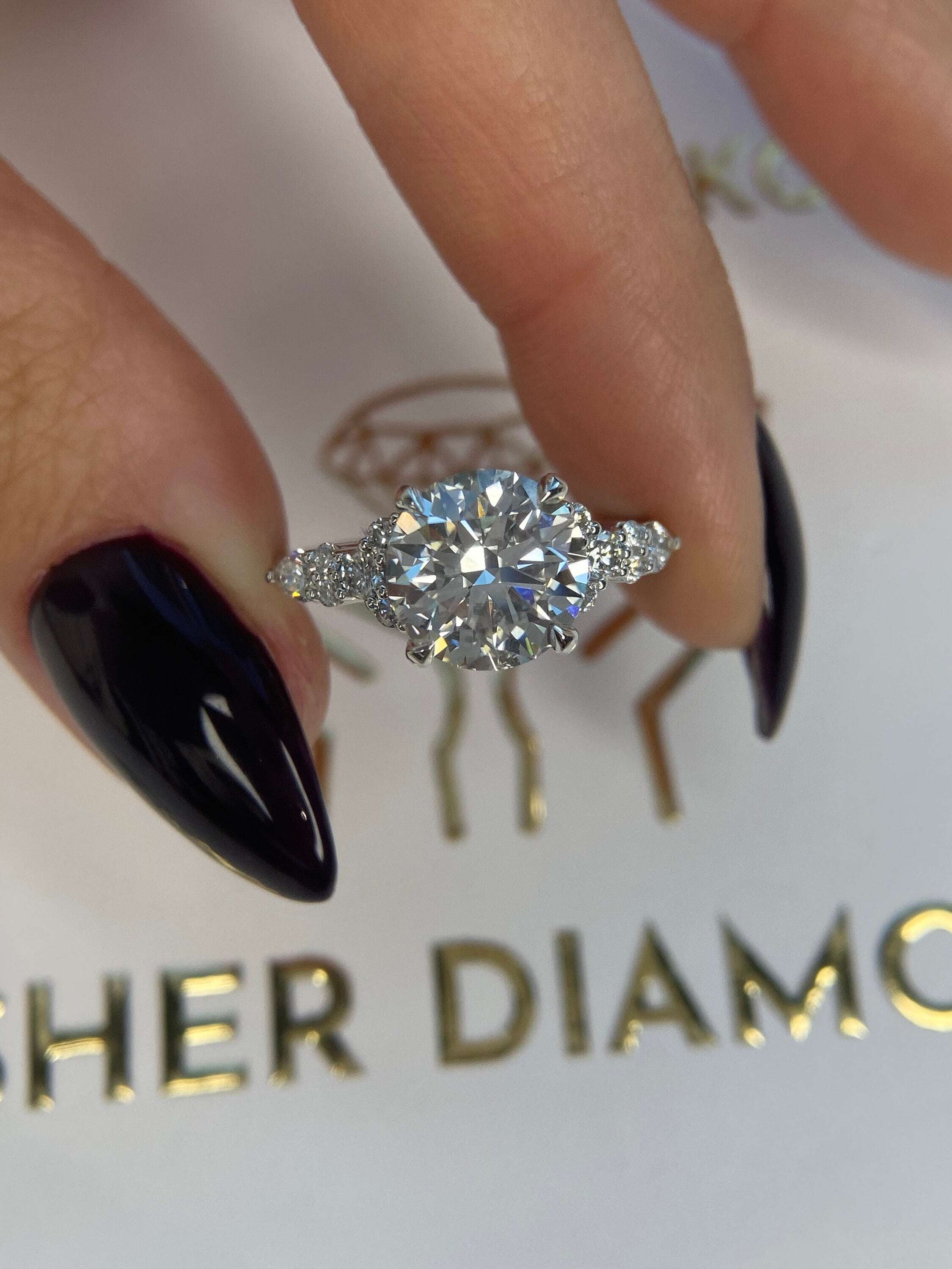 2.5 Carat Round Ideal Cut Diamond Engagement Ring Side Round & Pear Diamonds