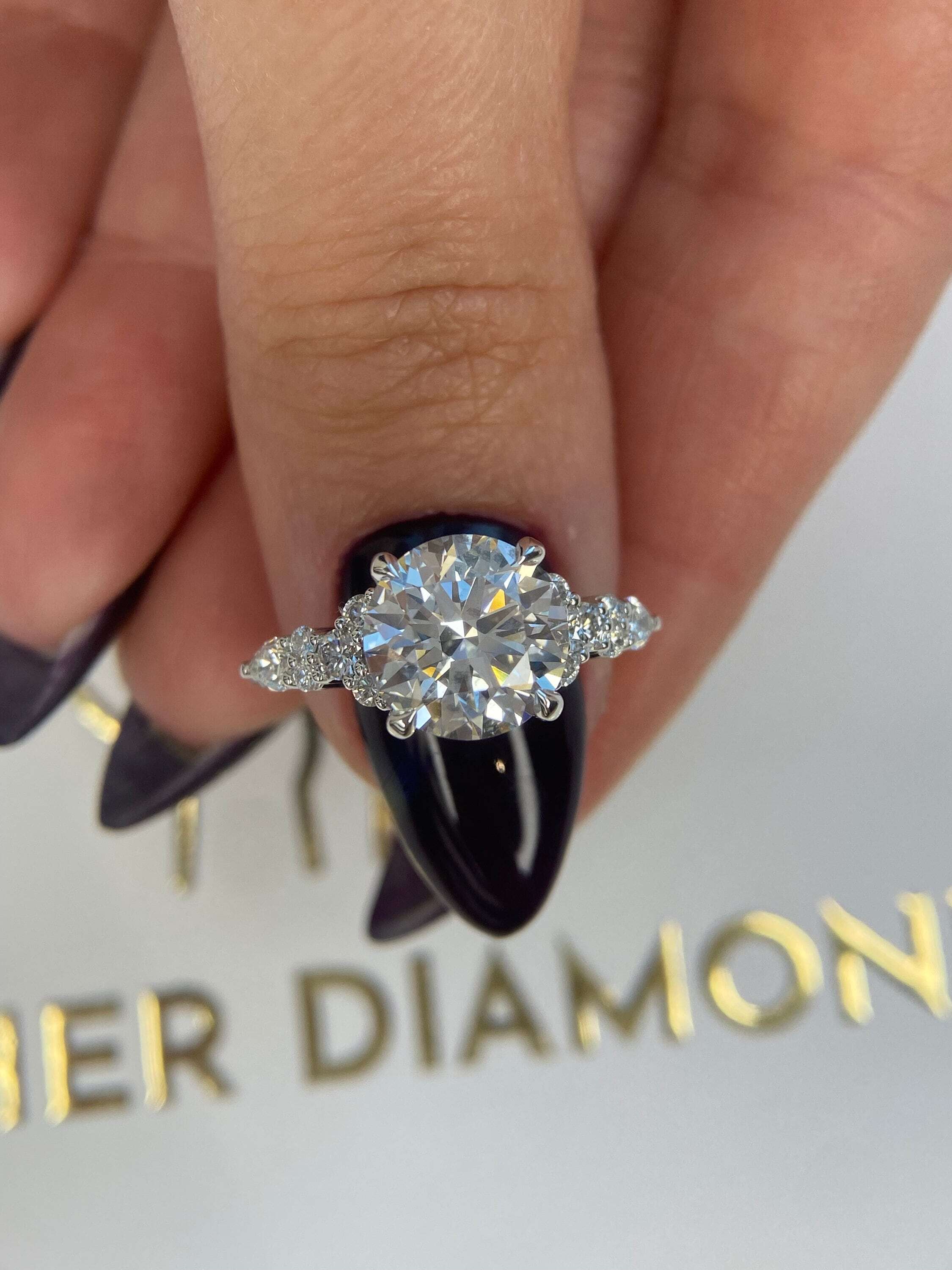2.5 Carat Round Ideal Cut Diamond Engagement Ring Side Round & Pear Diamonds