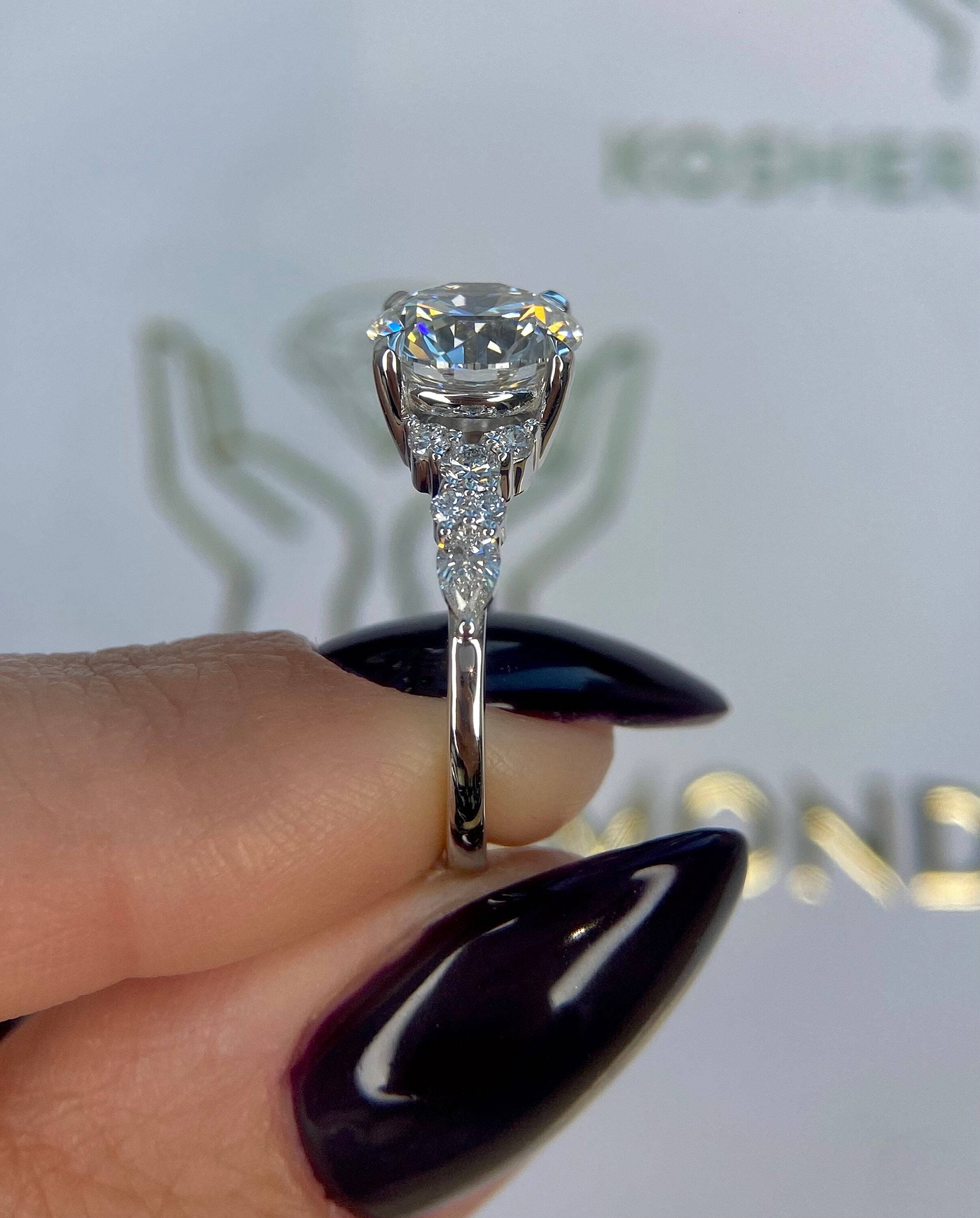 2.5 Carat Round Ideal Cut Diamond Engagement Ring Side Round & Pear Diamonds