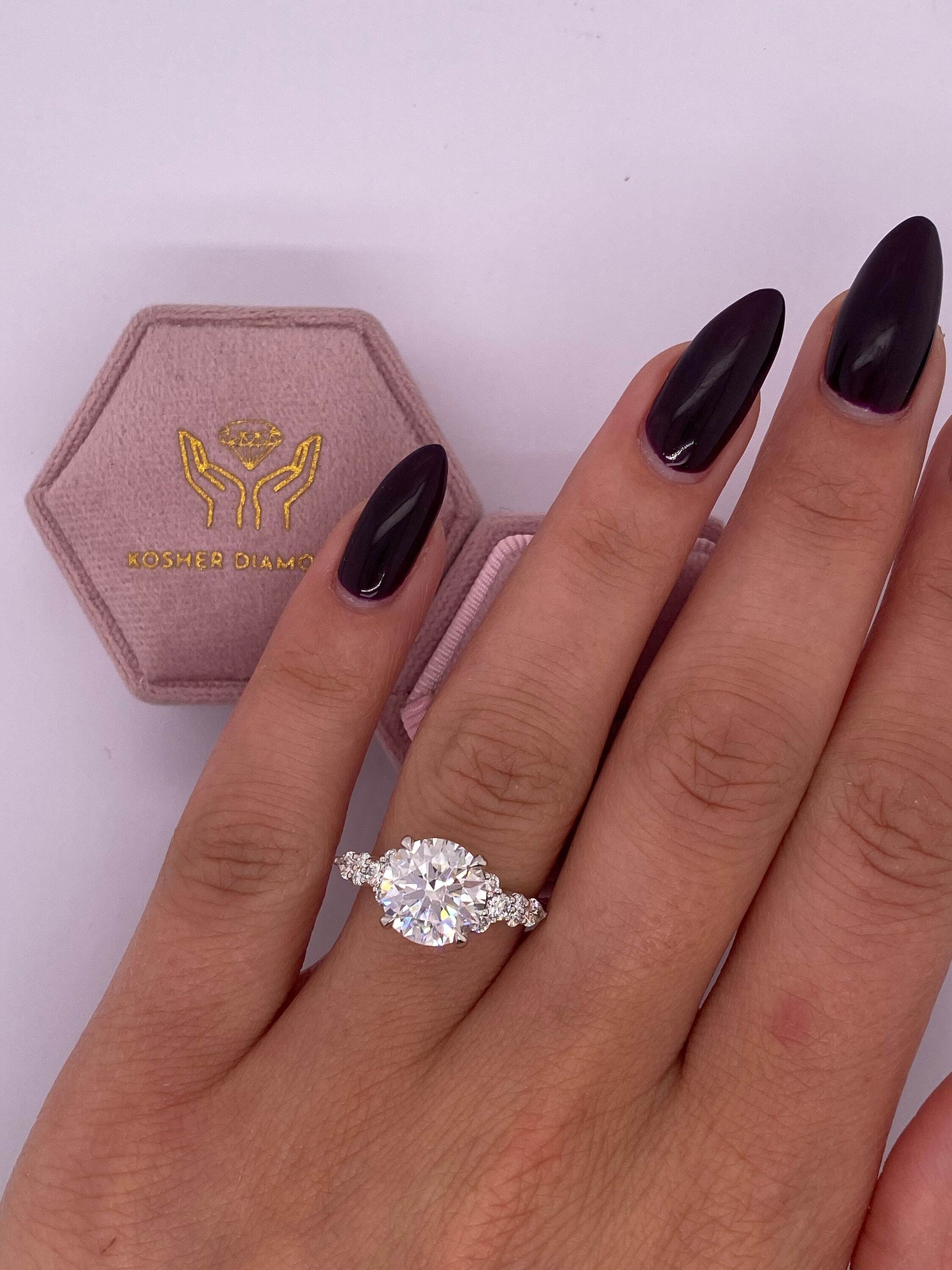 2.5 Carat Round Ideal Cut Diamond Engagement Ring Side Round & Pear Diamonds