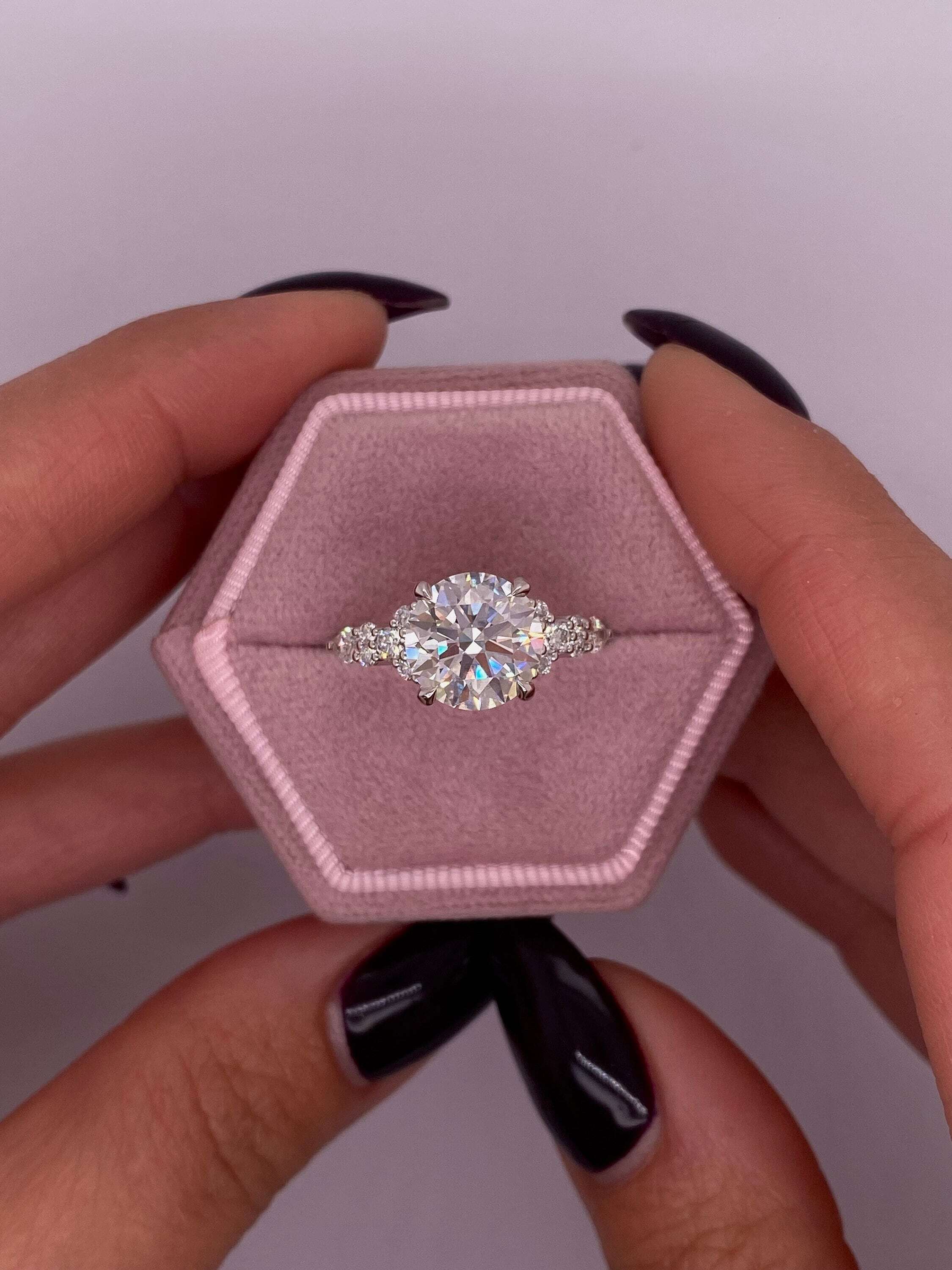 2.5 Carat Round Ideal Cut Diamond Engagement Ring Side Round & Pear Diamonds