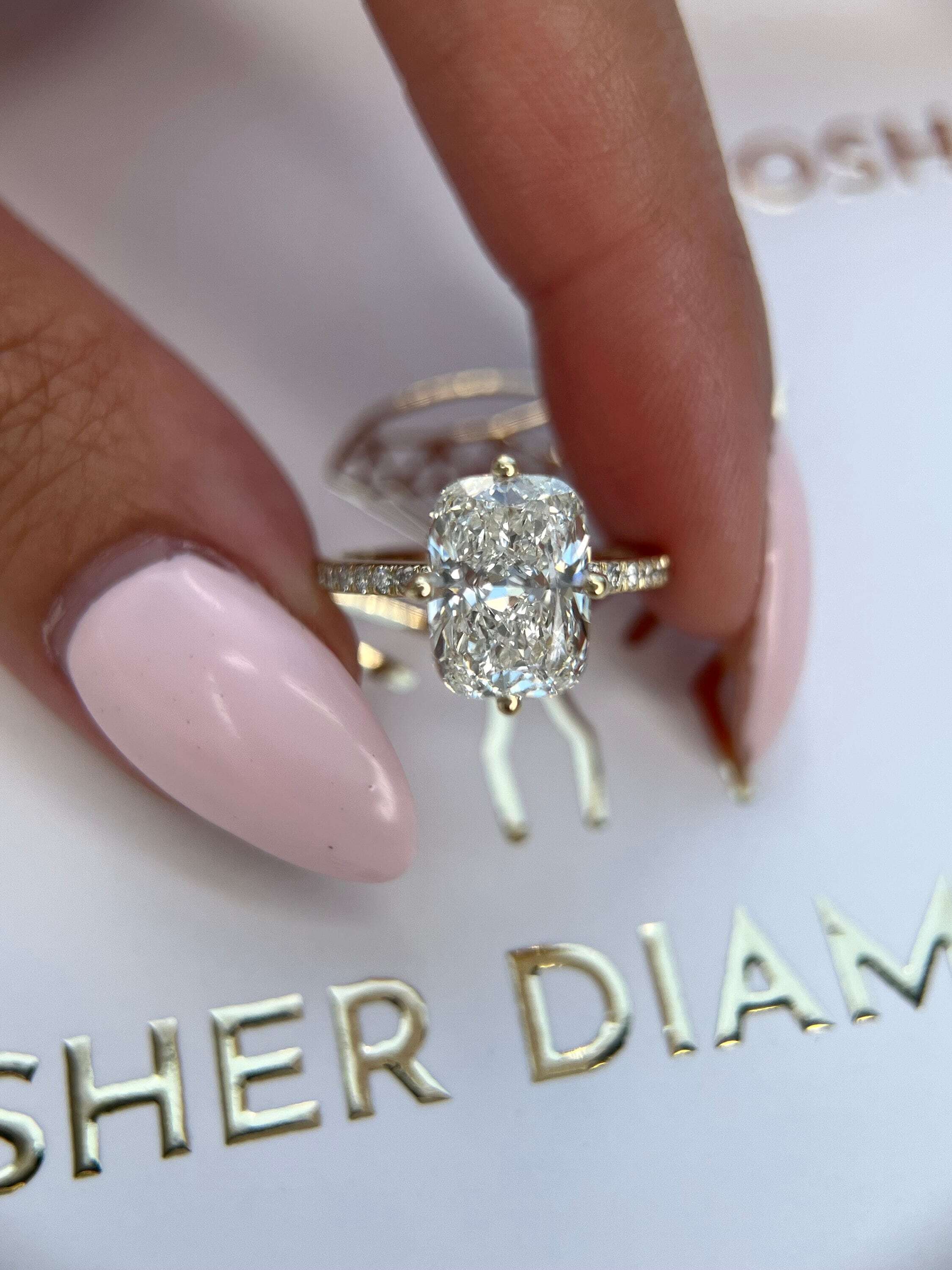 Compass Set 3.25 Carat Cushion Cut Diamond Solitaire Hidden Halo Engagement Ring, Round Side Diamonds