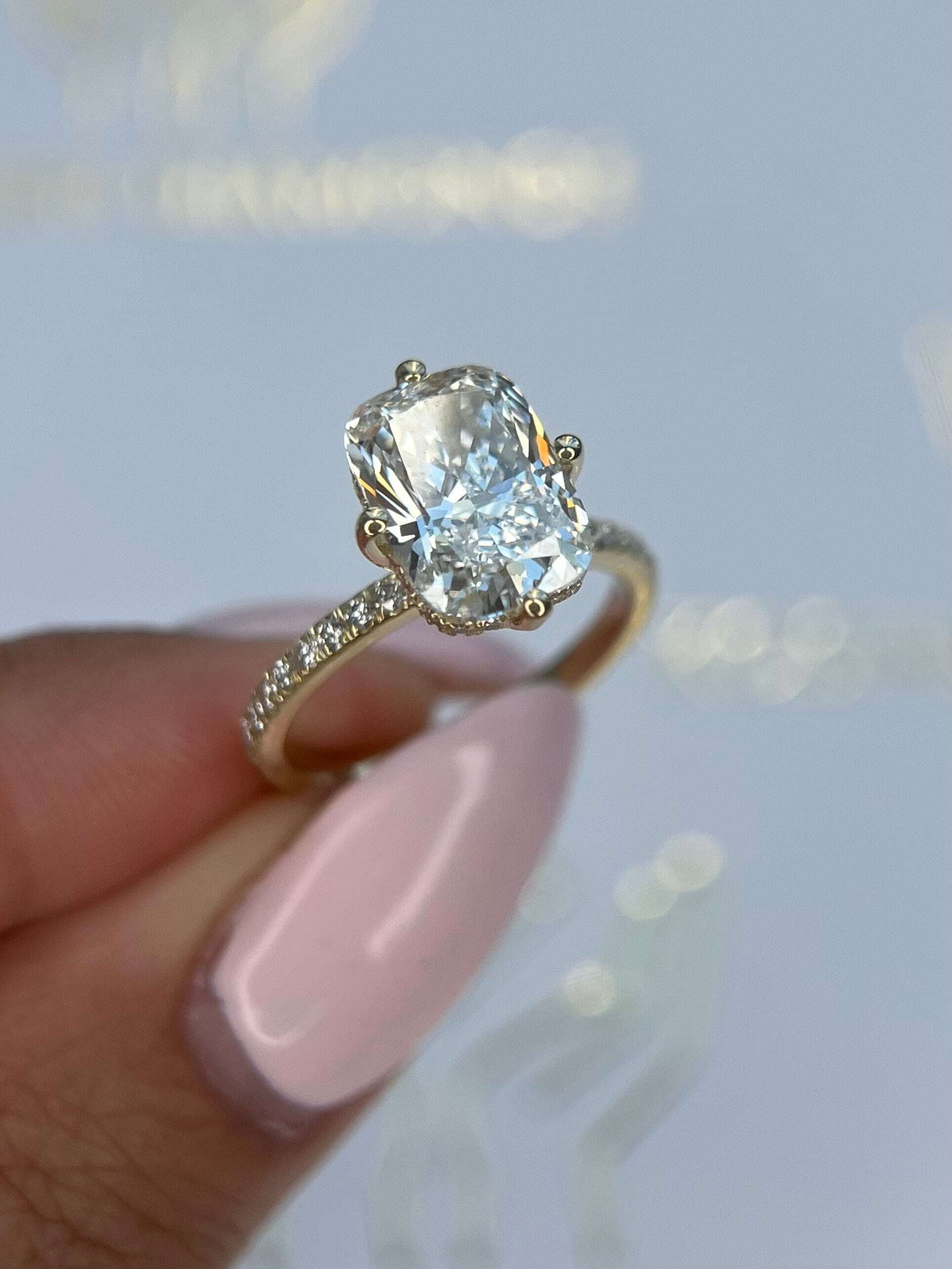 Compass Set 3.25 Carat Cushion Cut Diamond Solitaire Hidden Halo Engagement Ring, Round Side Diamonds