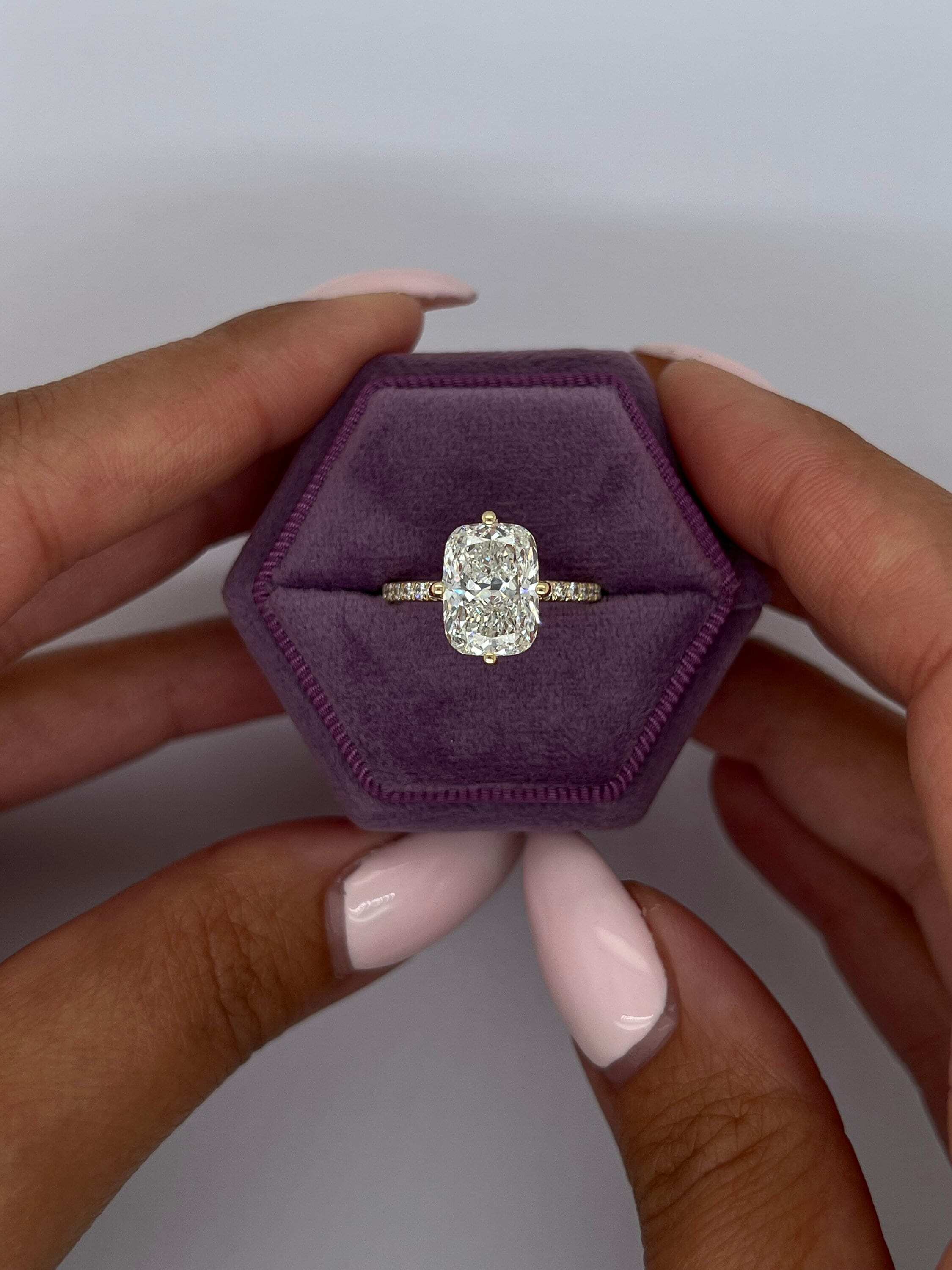 Compass Set 3.25 Carat Cushion Cut Diamond Solitaire Hidden Halo Engagement Ring, Round Side Diamonds