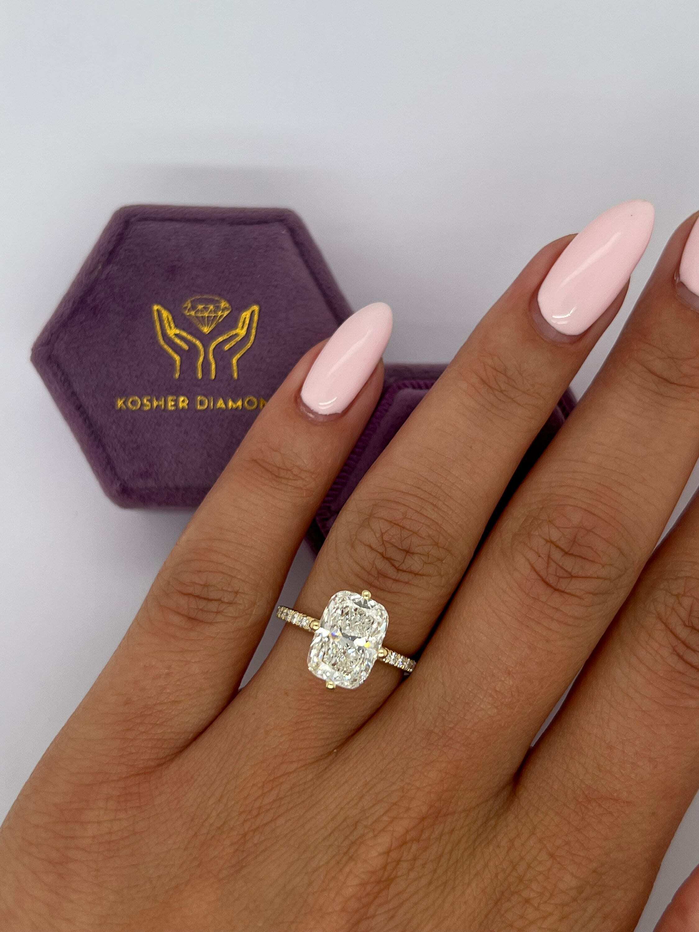 Compass Set 3.25 Carat Cushion Cut Diamond Solitaire Hidden Halo Engagement Ring, Round Side Diamonds