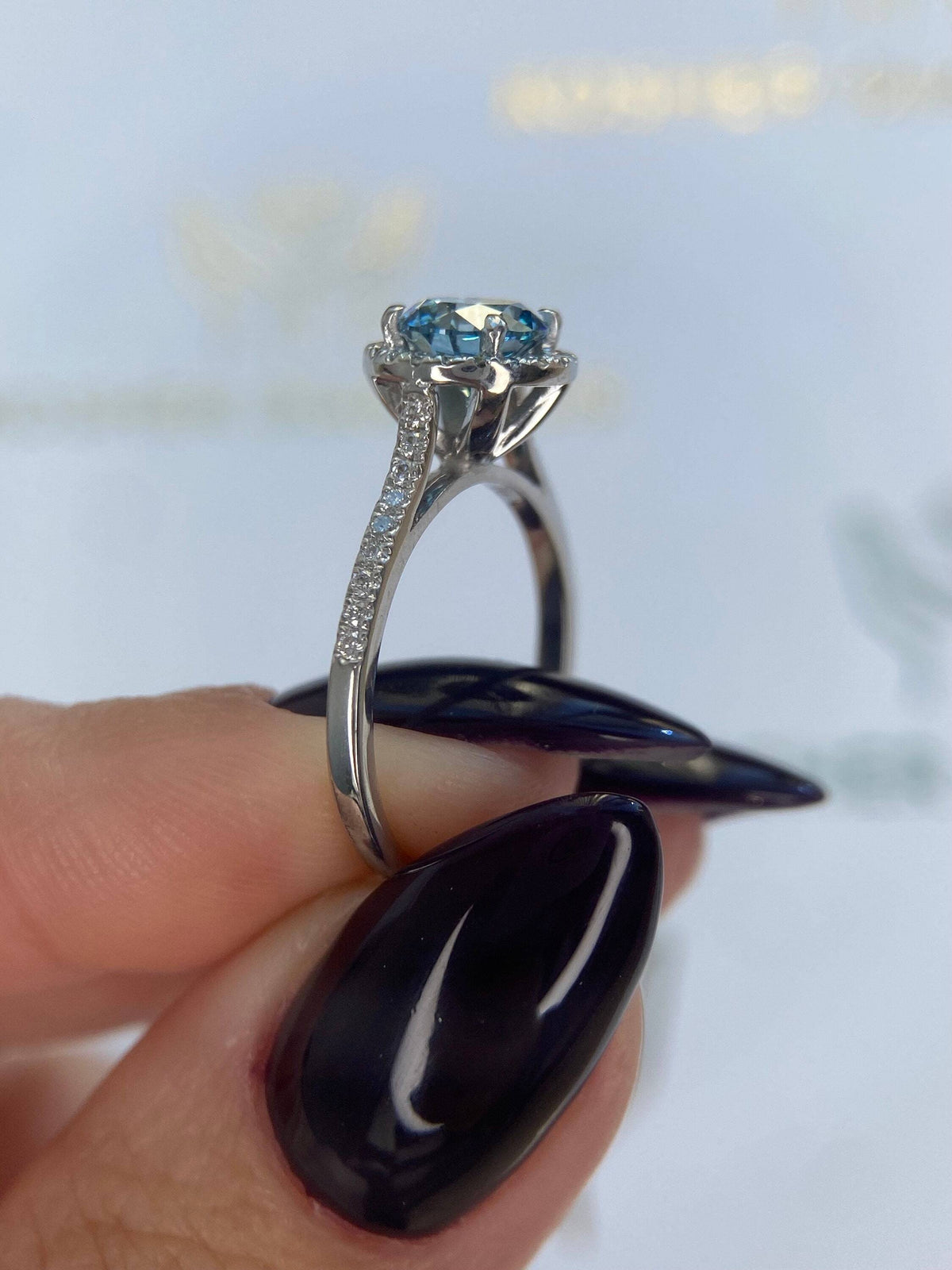 1.35 Carat Fancy Vivid Blue Round Ideal Cut Diamond Halo Cathedral Engagement Ring