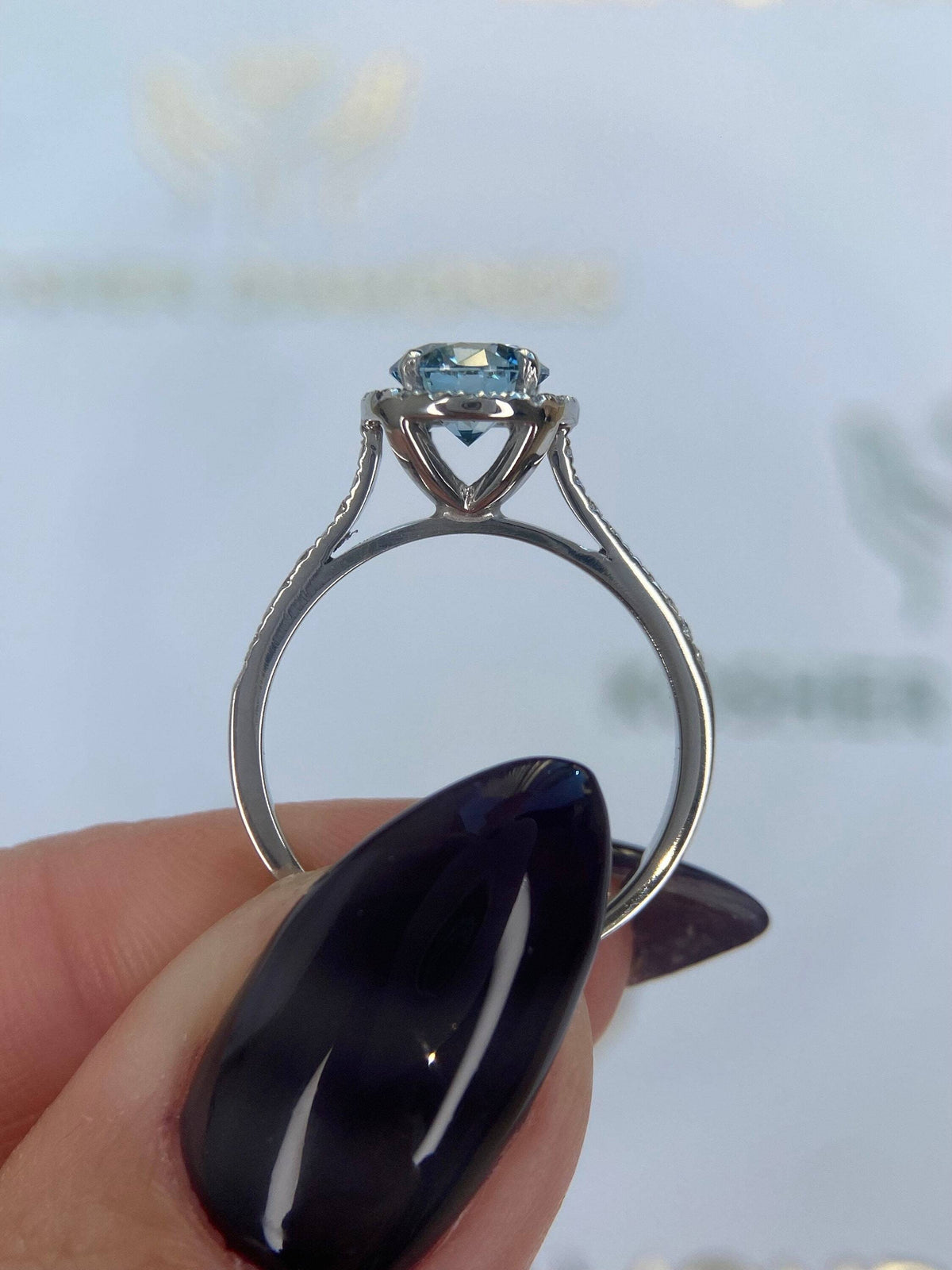 1.35 Carat Fancy Vivid Blue Round Ideal Cut Diamond Halo Cathedral Engagement Ring