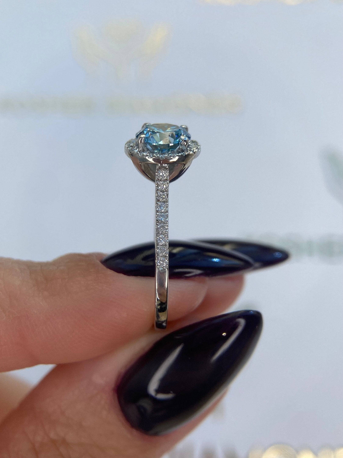 1.35 Carat Fancy Vivid Blue Round Ideal Cut Diamond Halo Cathedral Engagement Ring