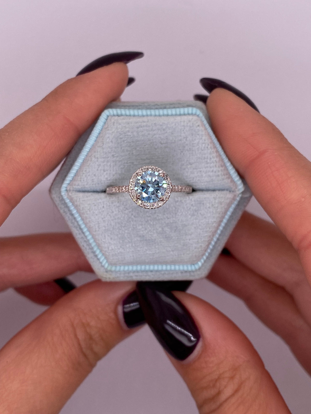 1.35 Carat Fancy Vivid Blue Round Ideal Cut Diamond Halo Cathedral Engagement Ring
