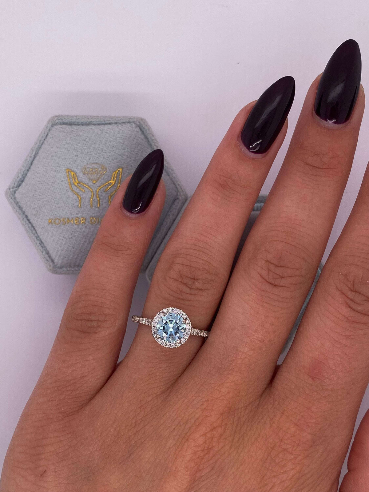 1.35 Carat Fancy Vivid Blue Round Ideal Cut Diamond Halo Cathedral Engagement Ring