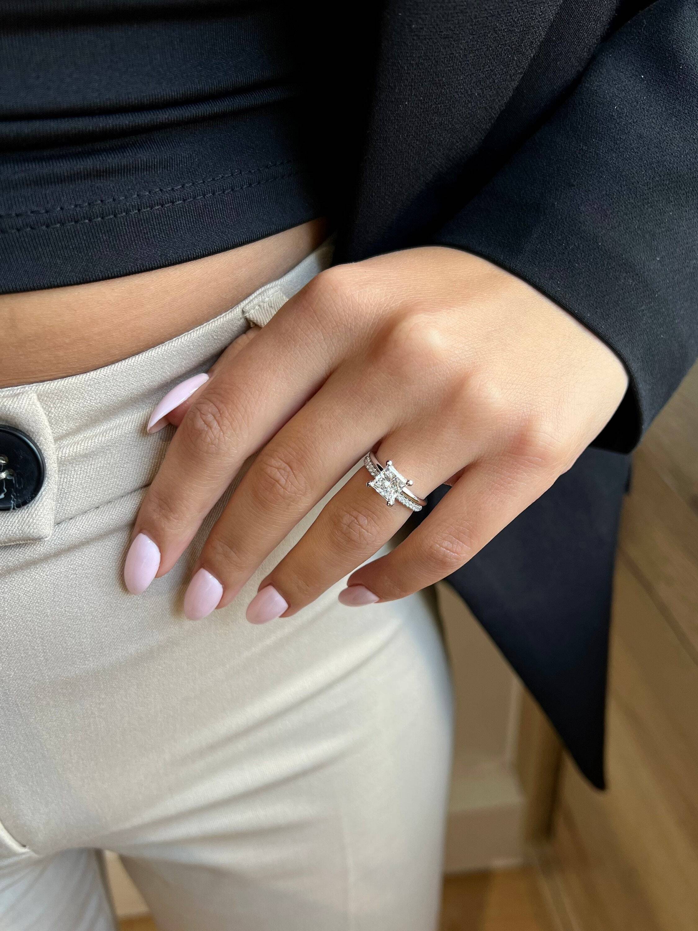 1.75 Carat Princess Cut Diamond Solitaire Hidden Halo Engagement Ring Set with Matching Diamond Band