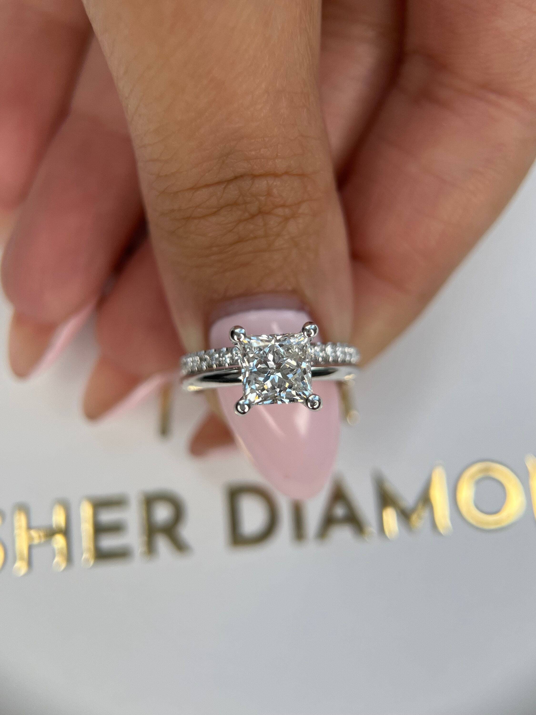 1.75 Carat Princess Cut Diamond Solitaire Hidden Halo Engagement Ring Set with Matching Diamond Band