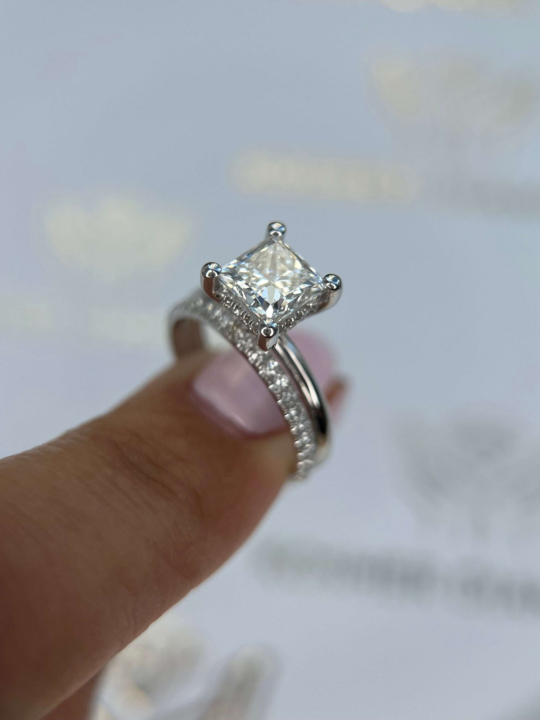 1.75 Carat Princess Cut Diamond Solitaire Hidden Halo Engagement Ring Set with Matching Diamond Band