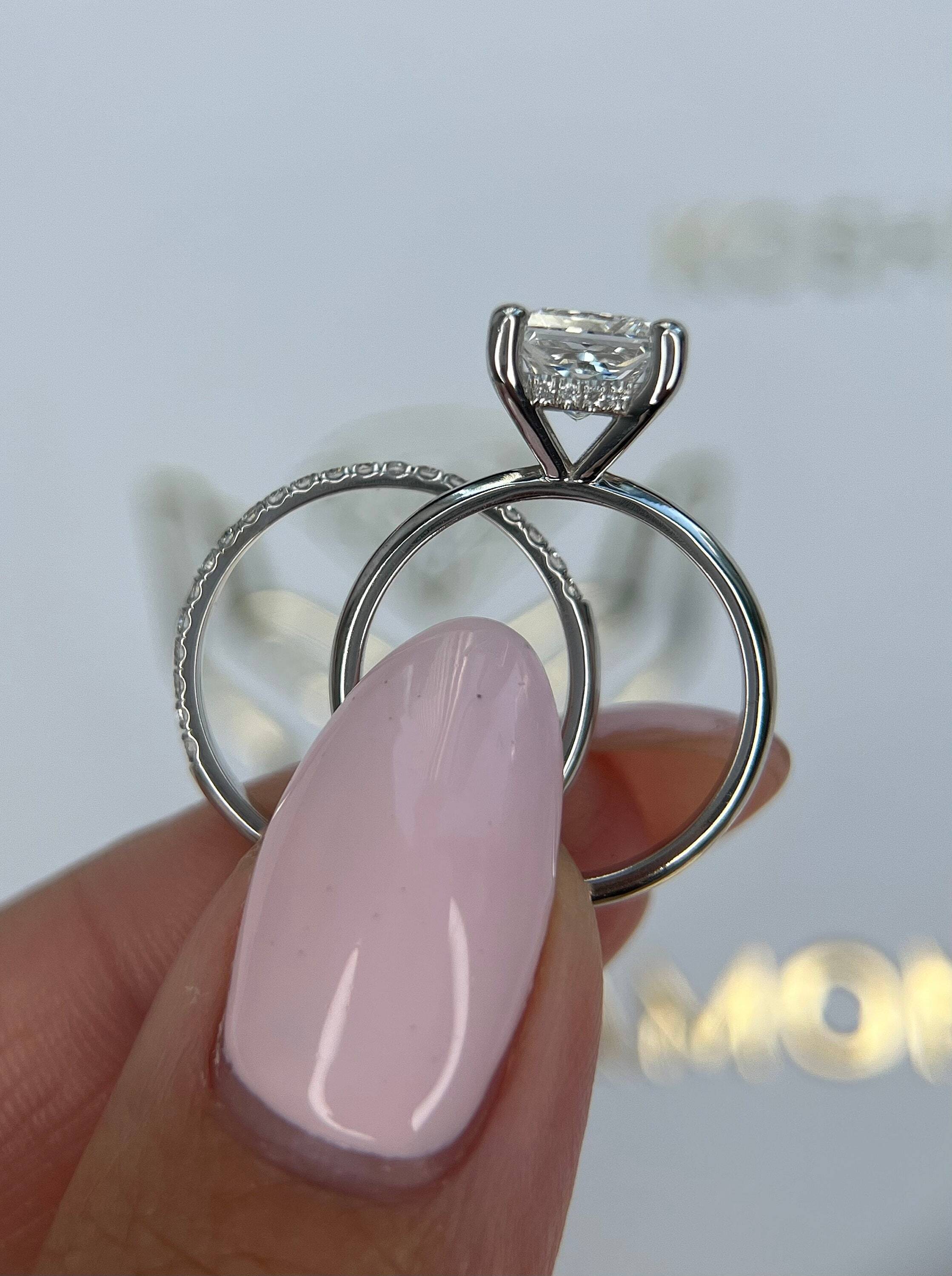 1.75 Carat Princess Cut Diamond Solitaire Hidden Halo Engagement Ring Set with Matching Diamond Band