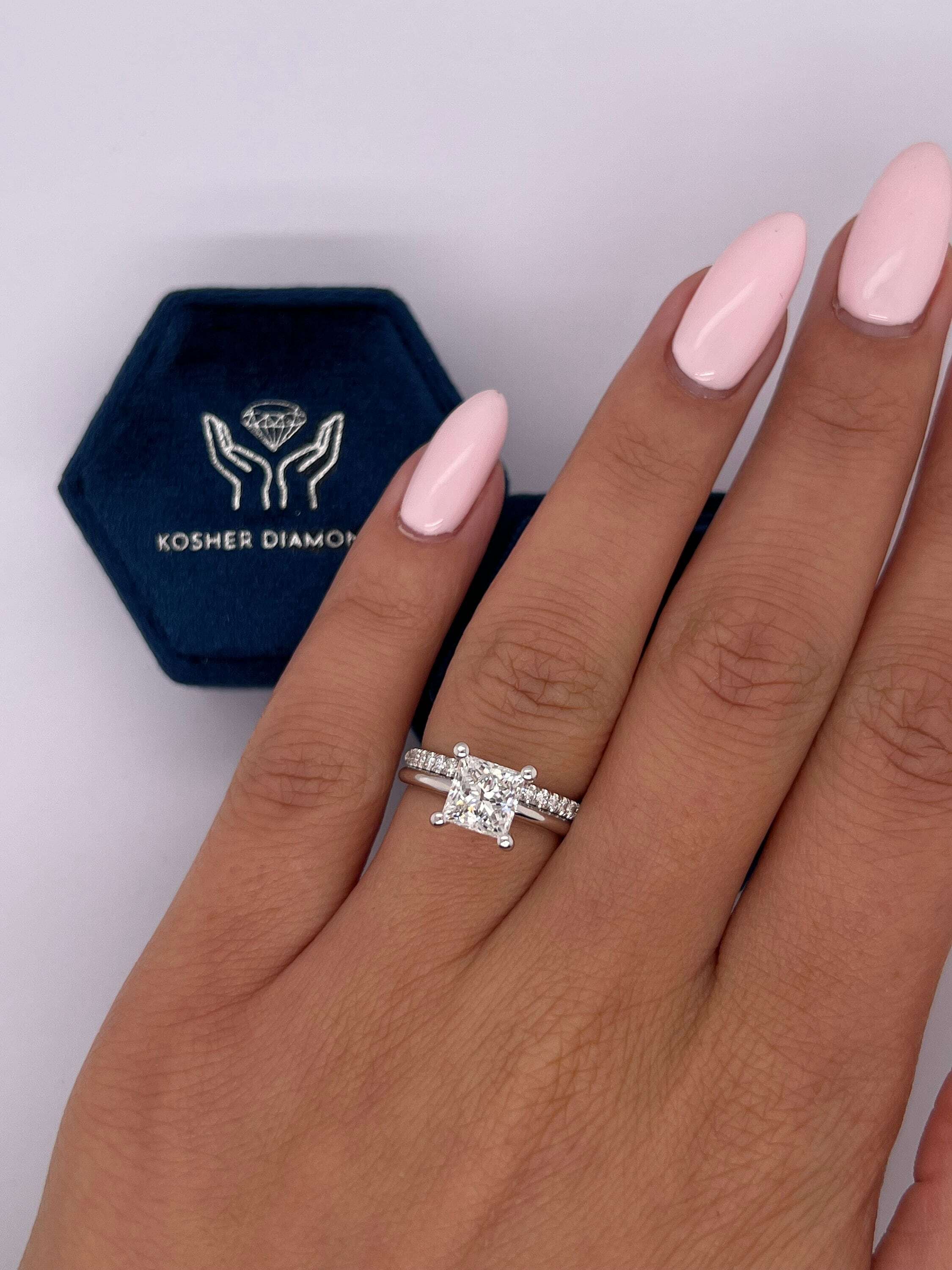 1.75 Carat Princess Cut Diamond Solitaire Hidden Halo Engagement Ring Set with Matching Diamond Band