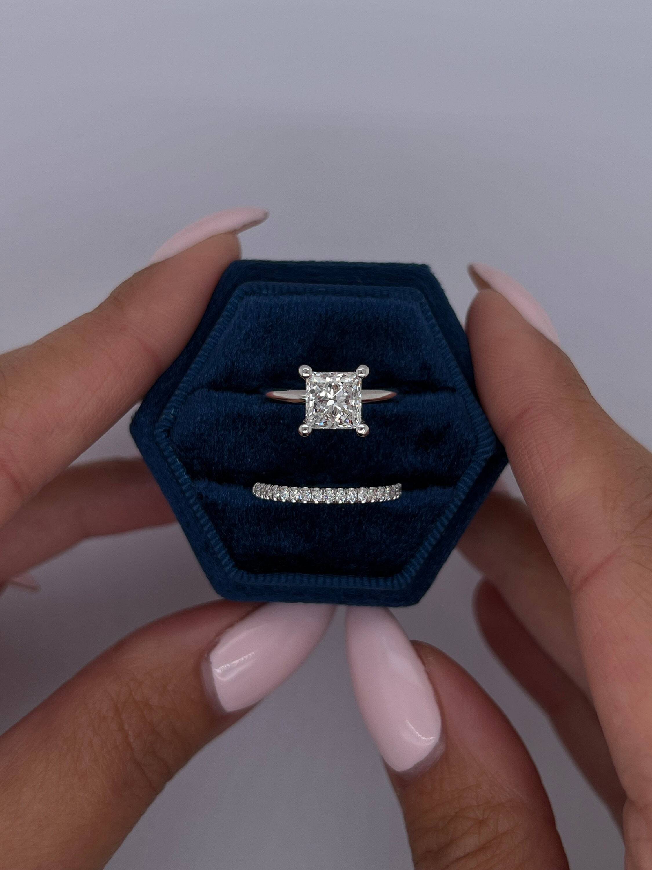 1.75 Carat Princess Cut Diamond Solitaire Hidden Halo Engagement Ring Set with Matching Diamond Band