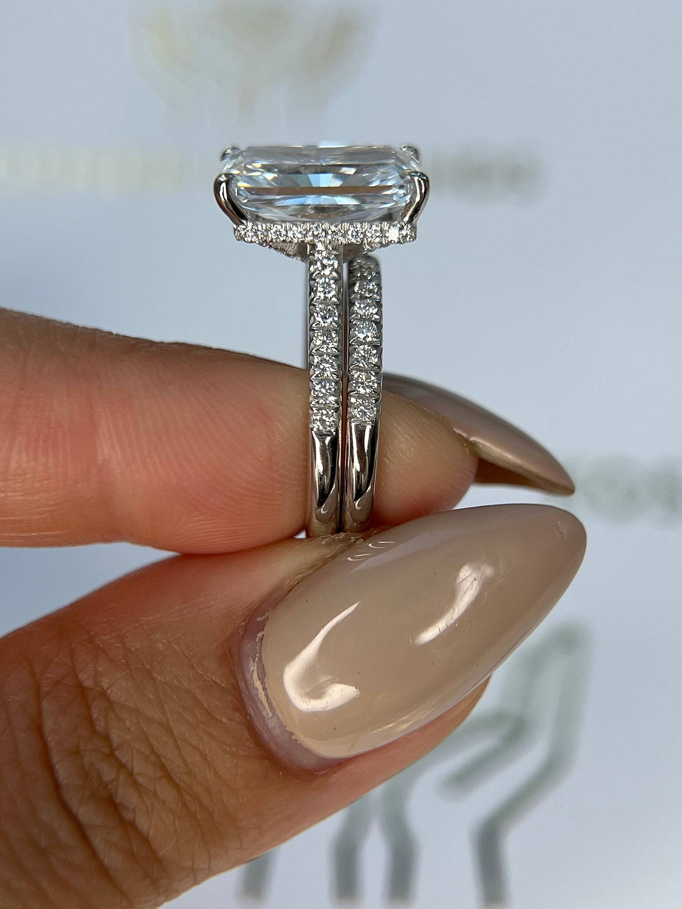 5.75 Carat Total Weight Elongated Radiant Cut Diamond Engagement Ring Set, Matching Diamond Band