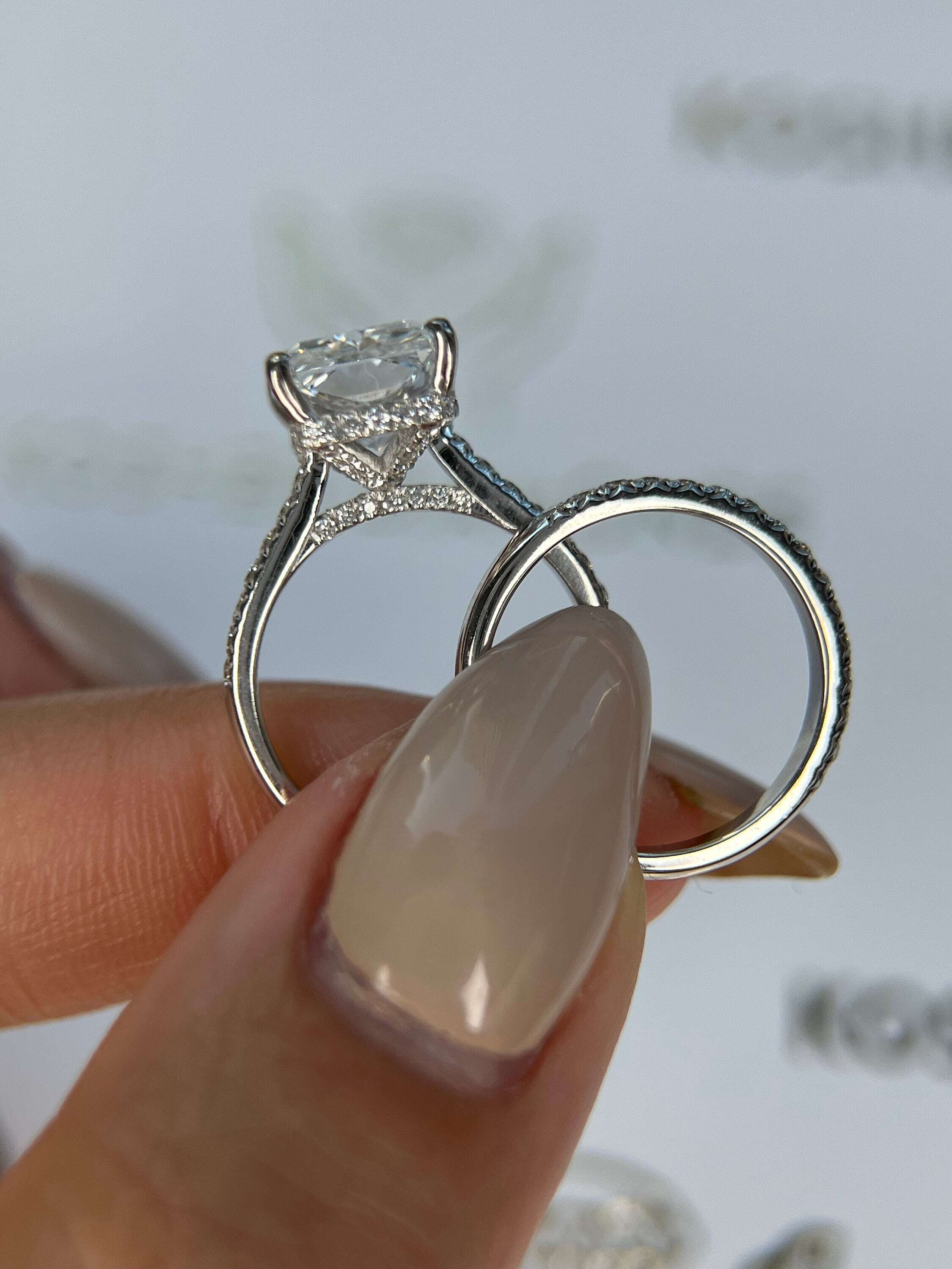 5.75 Carat Total Weight Elongated Radiant Cut Diamond Engagement Ring Set, Matching Diamond Band
