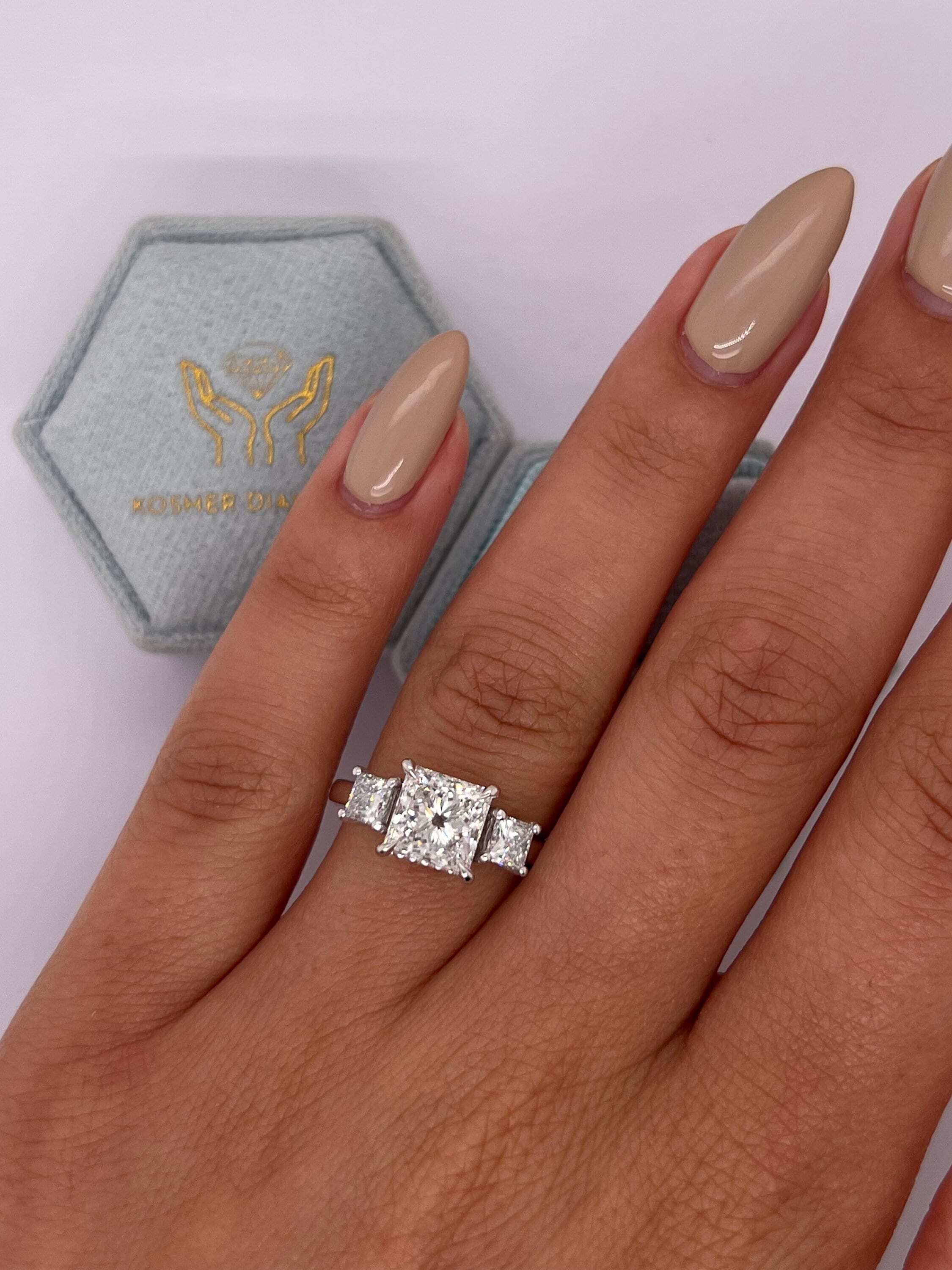 2.75 Carat Princess Cut Three Stone Diamond Engagement Ring with Hidden Halo of Round Diamonds