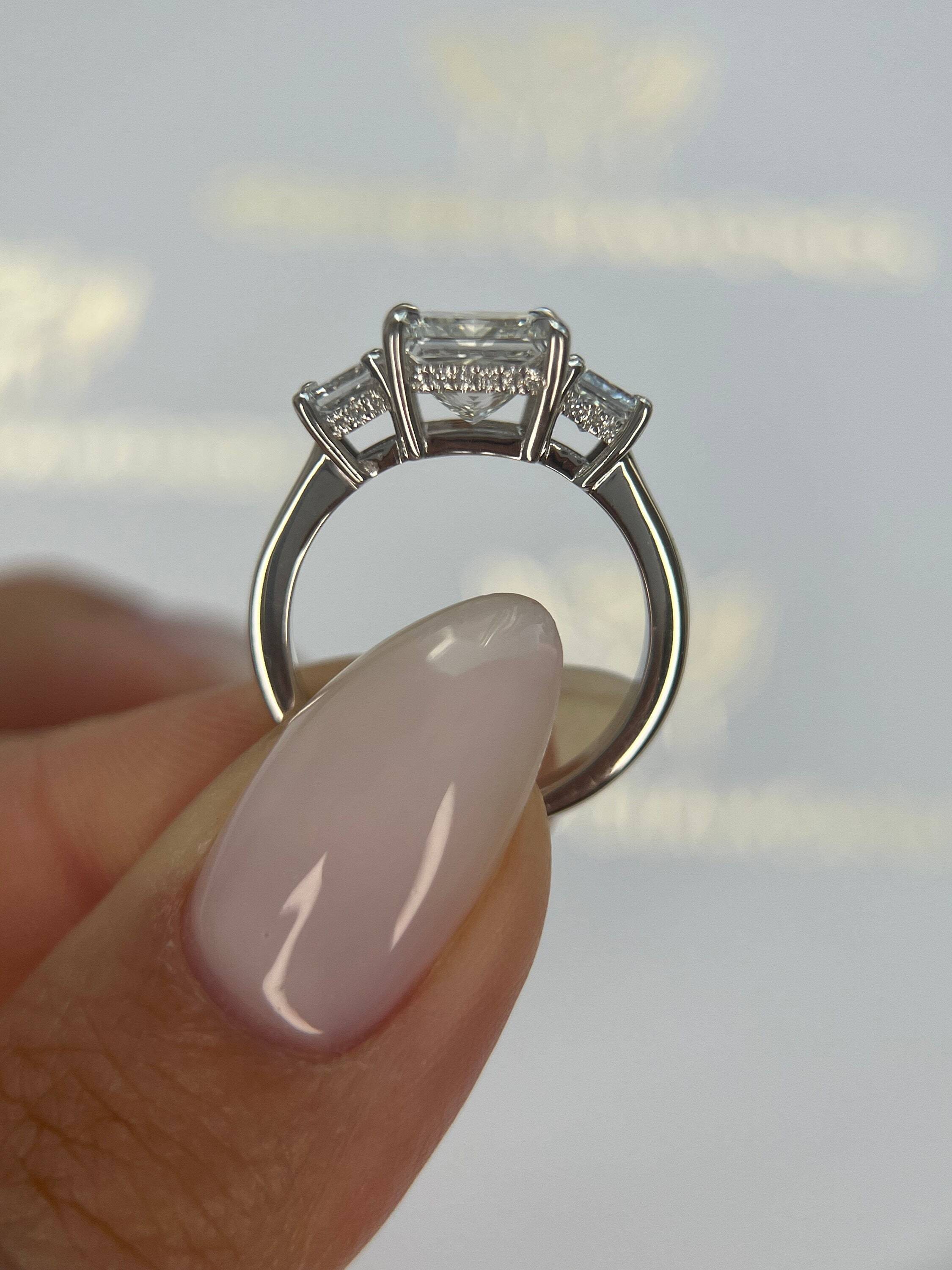 2.75 Carat Princess Cut Three Stone Diamond Engagement Ring with Hidden Halo of Round Diamonds