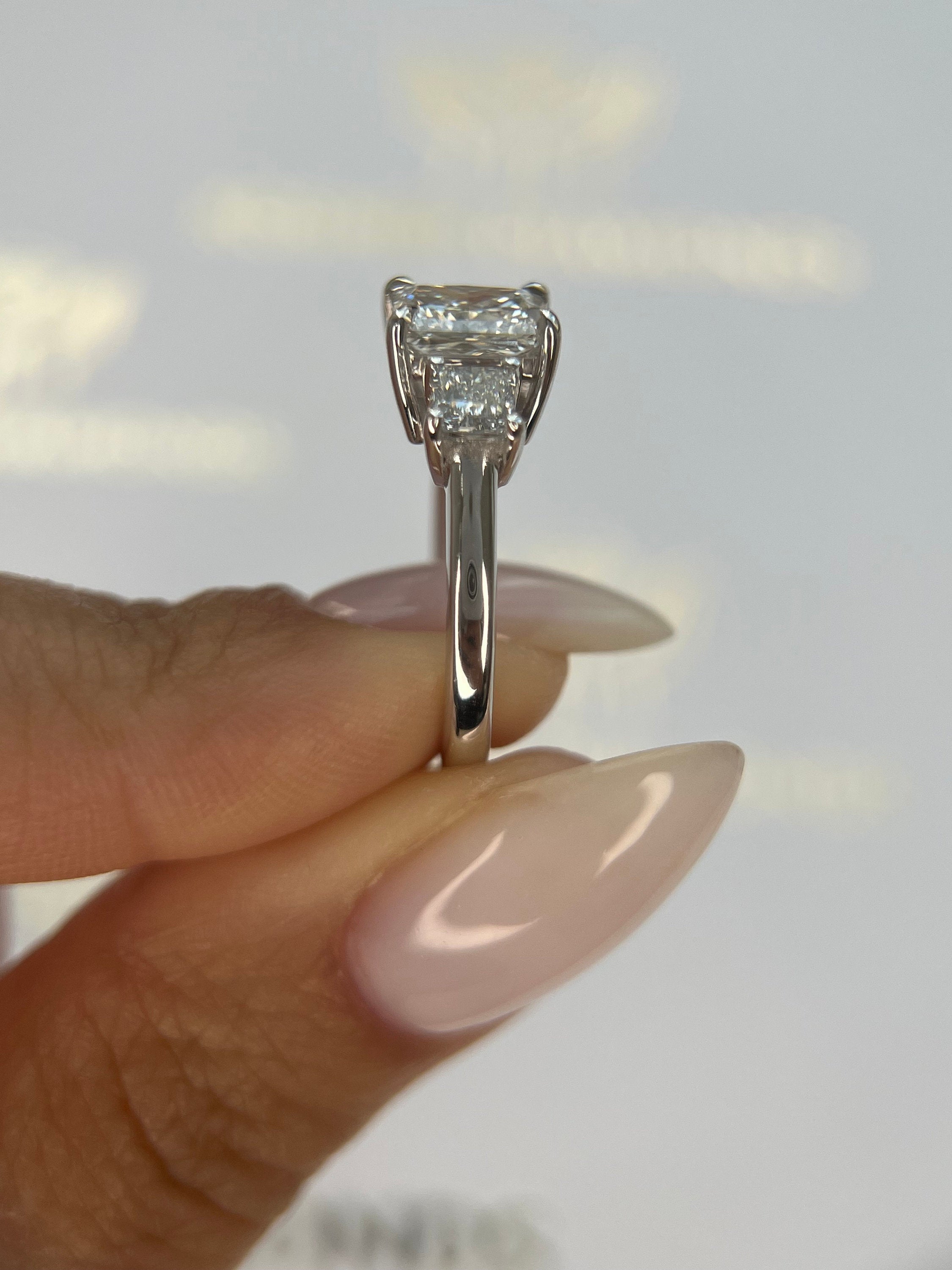 2.75 Carat Princess Cut Three Stone Diamond Engagement Ring with Hidden Halo of Round Diamonds