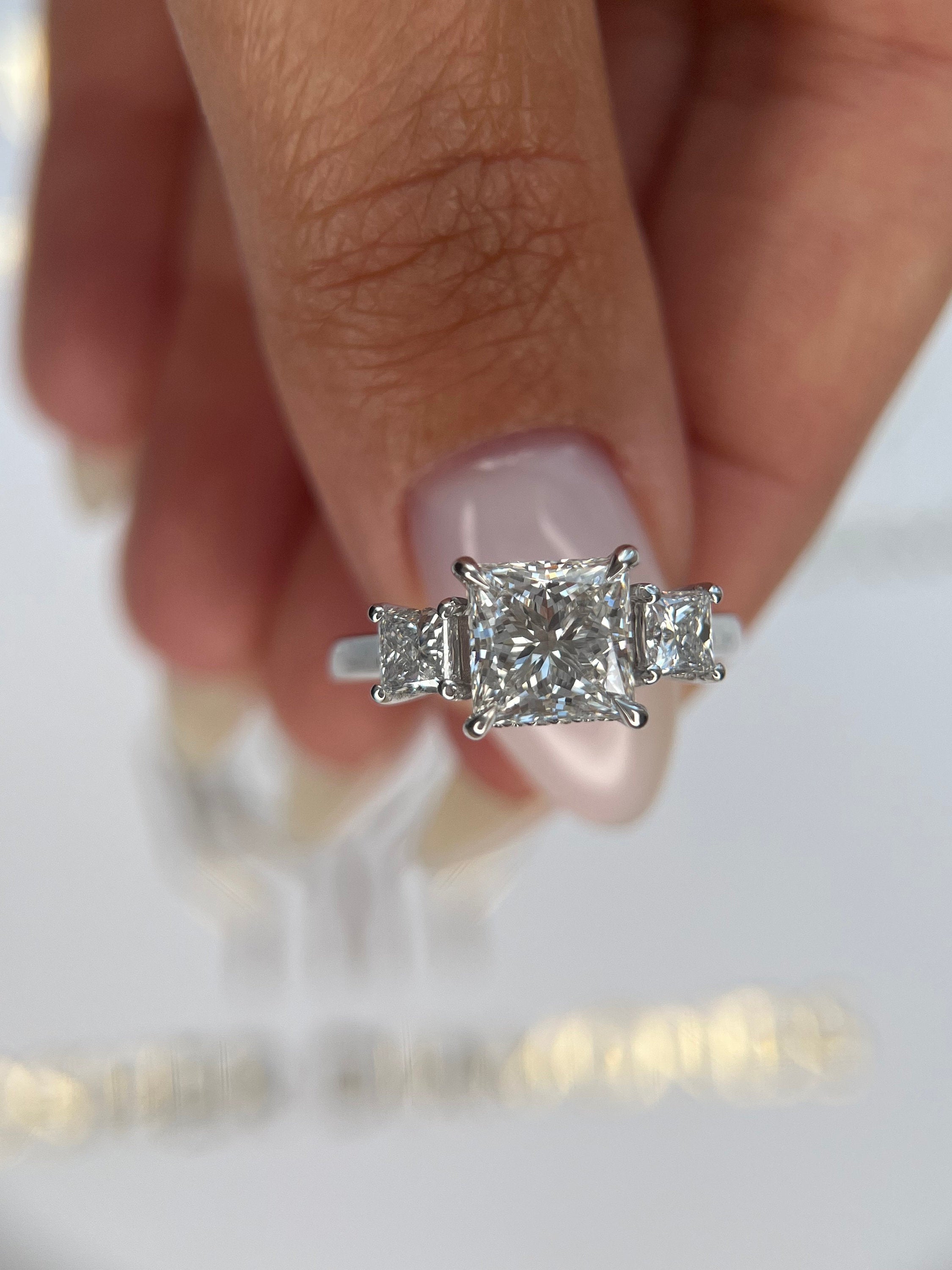 2.75 Carat Princess Cut Three Stone Diamond Engagement Ring with Hidden Halo of Round Diamonds