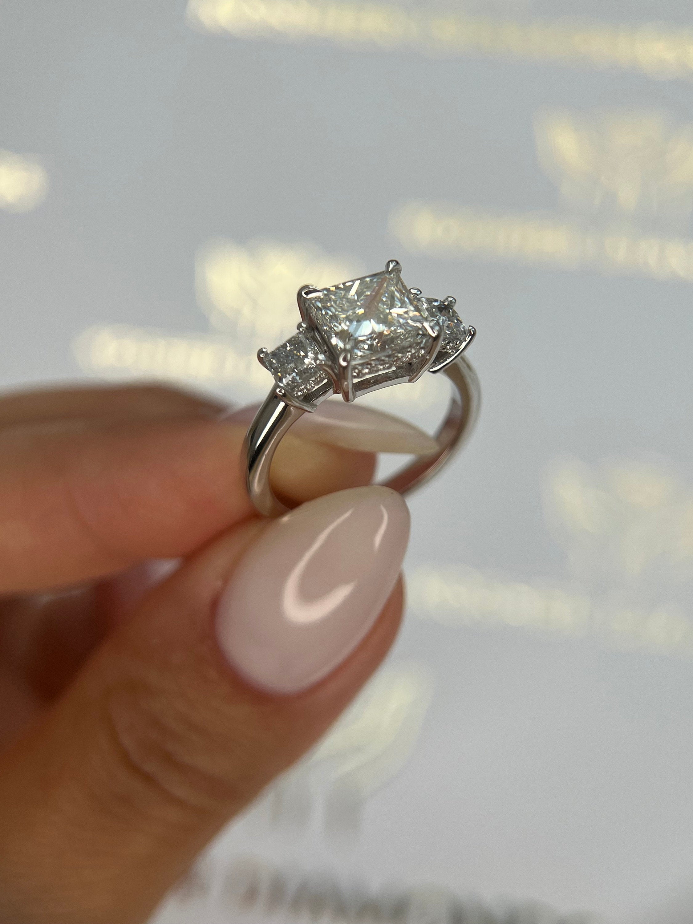 2.75 Carat Princess Cut Three Stone Diamond Engagement Ring with Hidden Halo of Round Diamonds