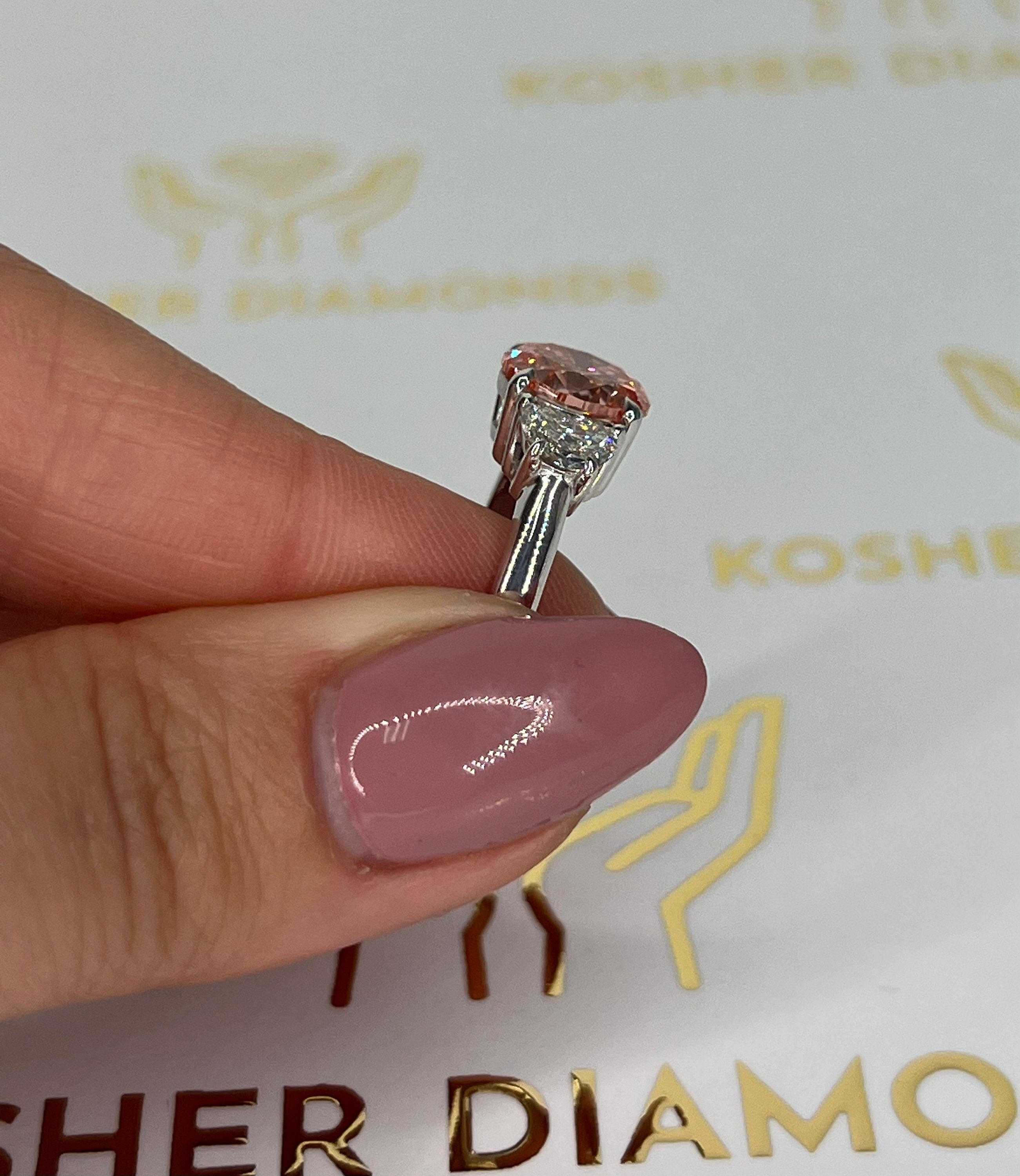2.5 Carat Fancy Vivid Pink Color Round Ideal Cut Three Stone Diamond Engagement Ring, Half Moon Side Diamonds