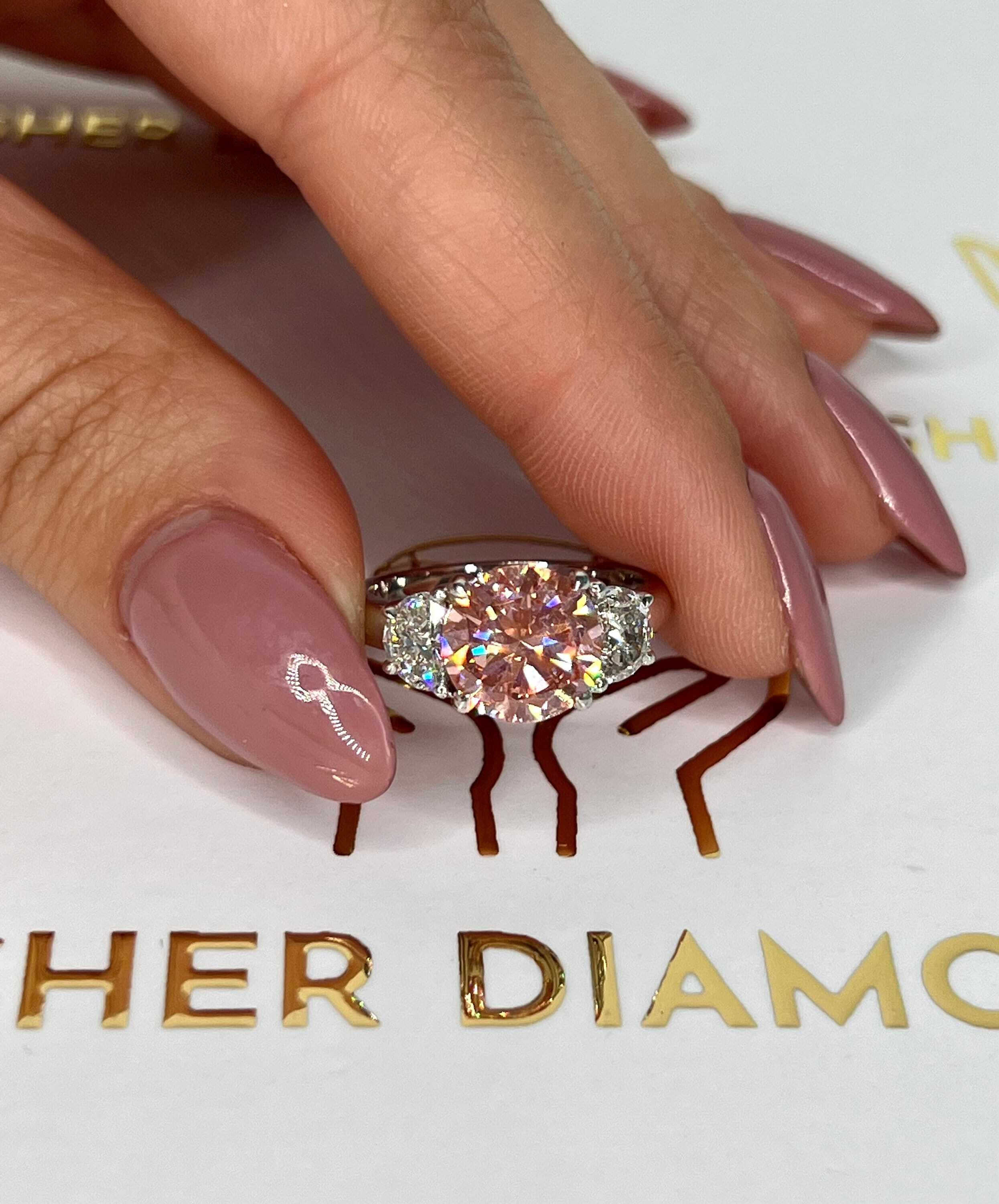 2.5 Carat Fancy Vivid Pink Color Round Ideal Cut Three Stone Diamond Engagement Ring, Half Moon Side Diamonds