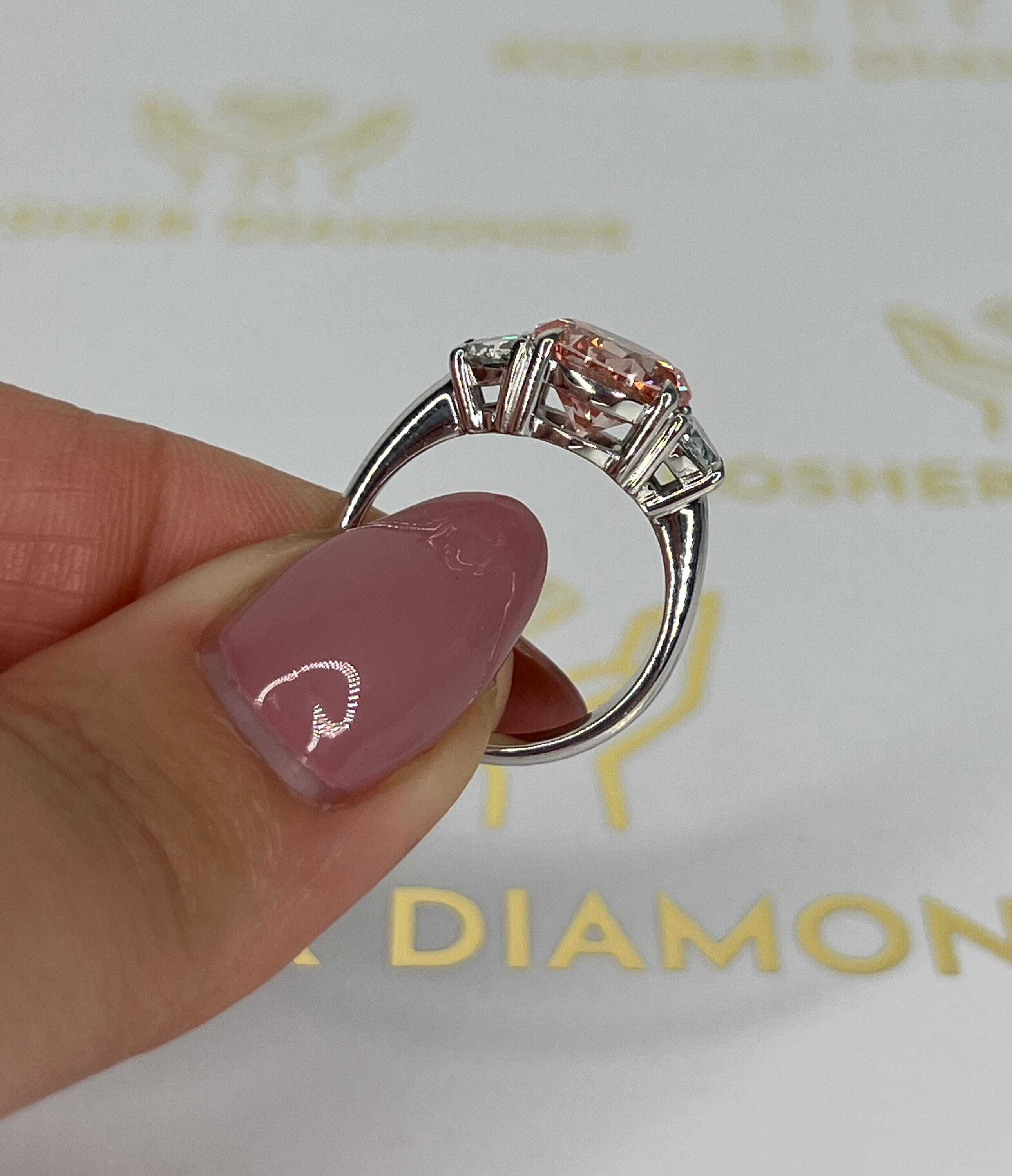 2.5 Carat Fancy Vivid Pink Color Round Ideal Cut Three Stone Diamond Engagement Ring, Half Moon Side Diamonds