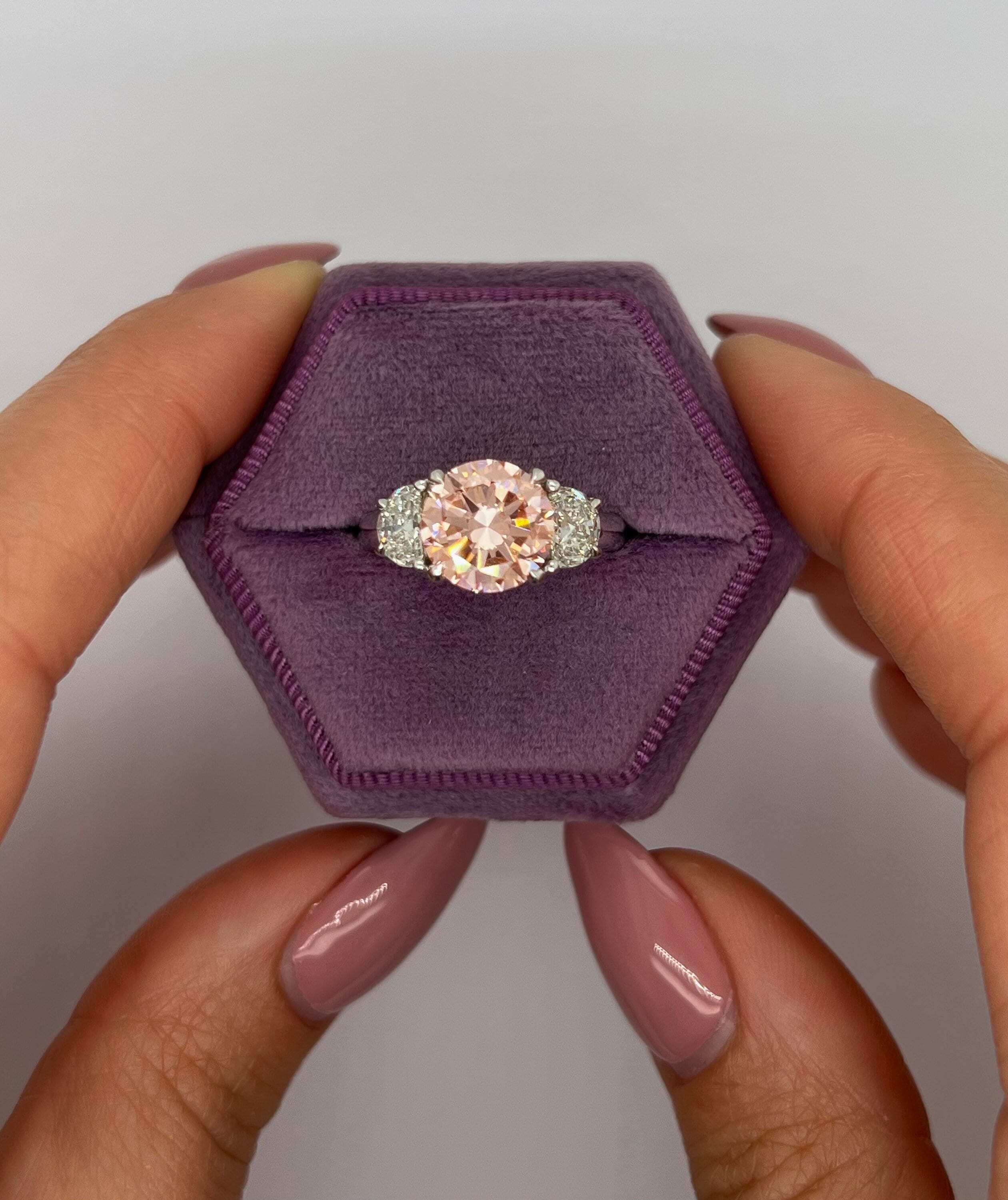 2.5 Carat Fancy Vivid Pink Color Round Ideal Cut Three Stone Diamond Engagement Ring, Half Moon Side Diamonds
