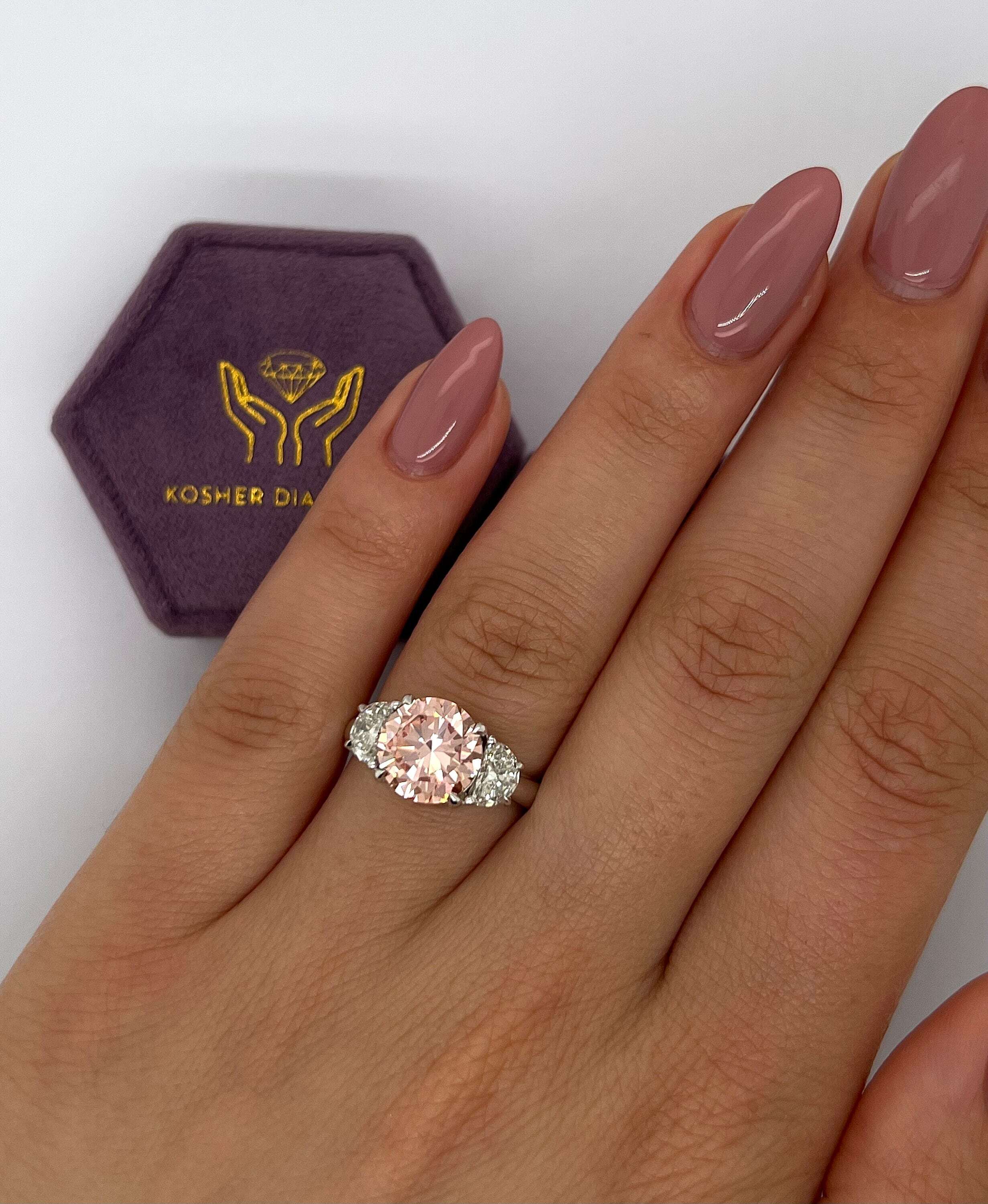 2.5 Carat Fancy Vivid Pink Color Round Ideal Cut Three Stone Diamond Engagement Ring, Half Moon Side Diamonds