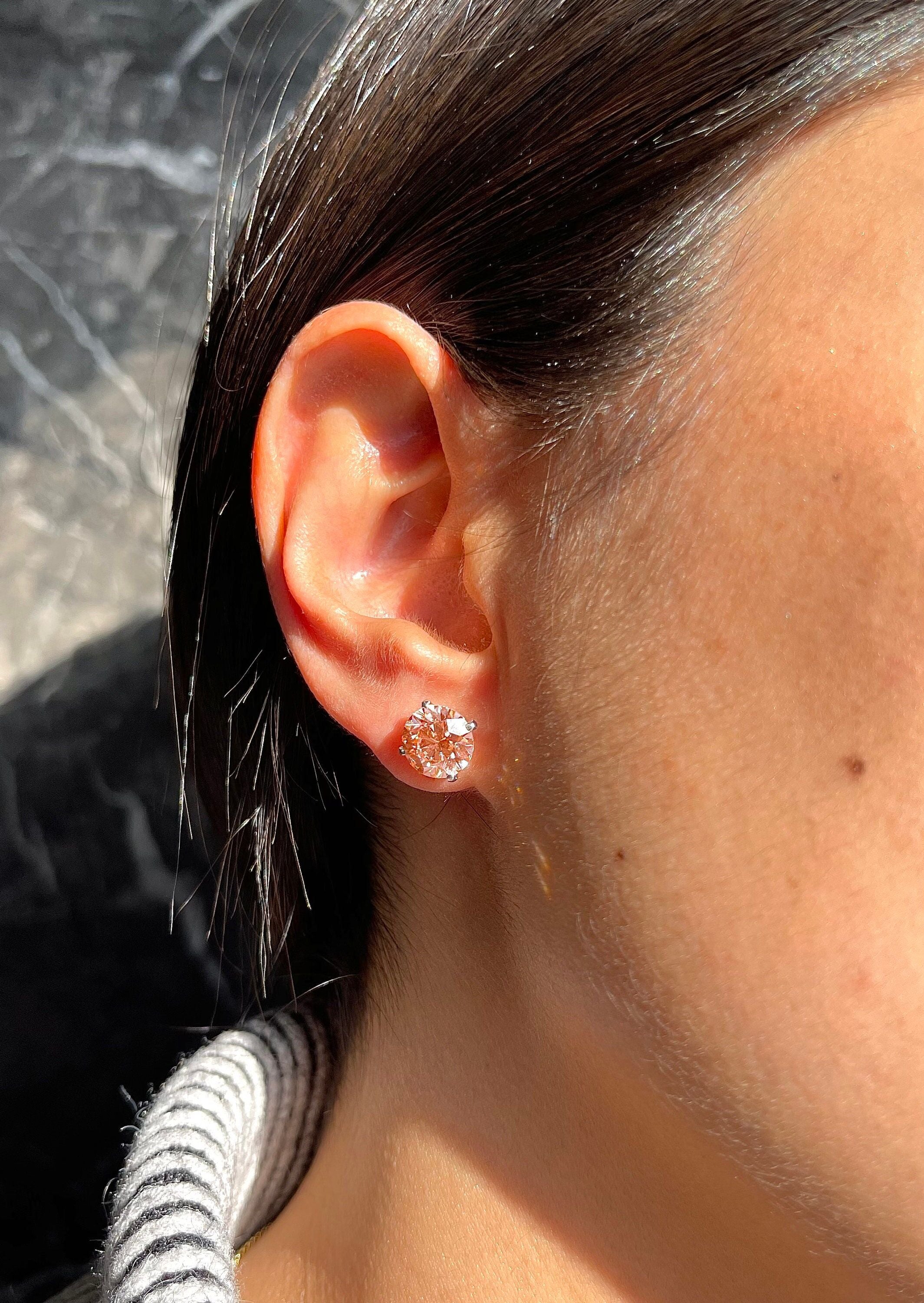 6 Carat Total Fancy Vivid Pink Color Round Ideal Cut Diamond Stud Earrings