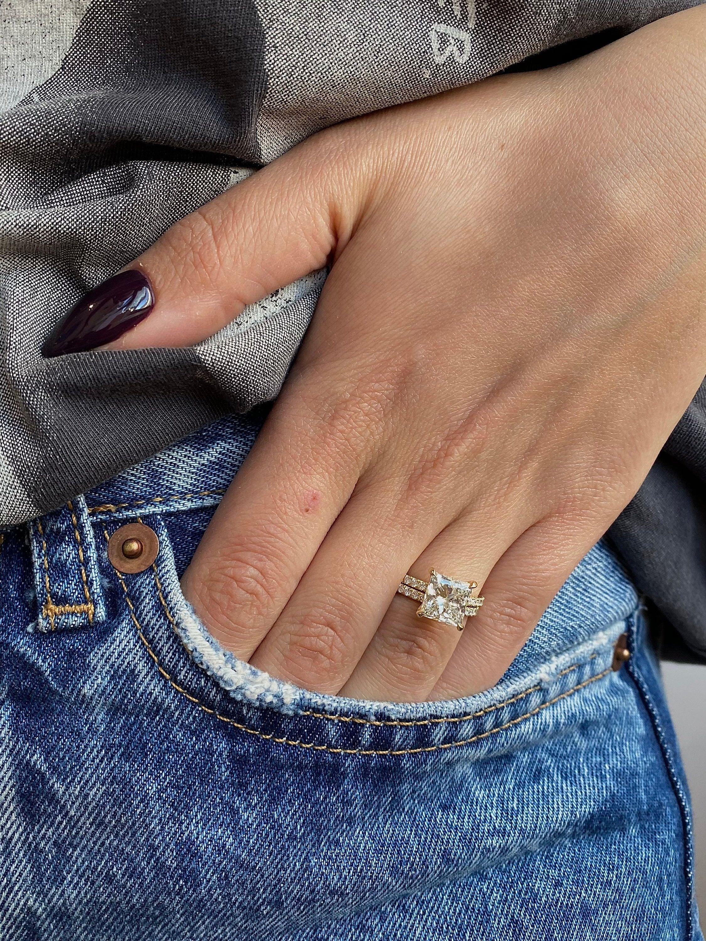 3.5 Carat Princess Cut Diamond Solitaire Hidden Halo Engagement Ring Set & Matching Diamond Band