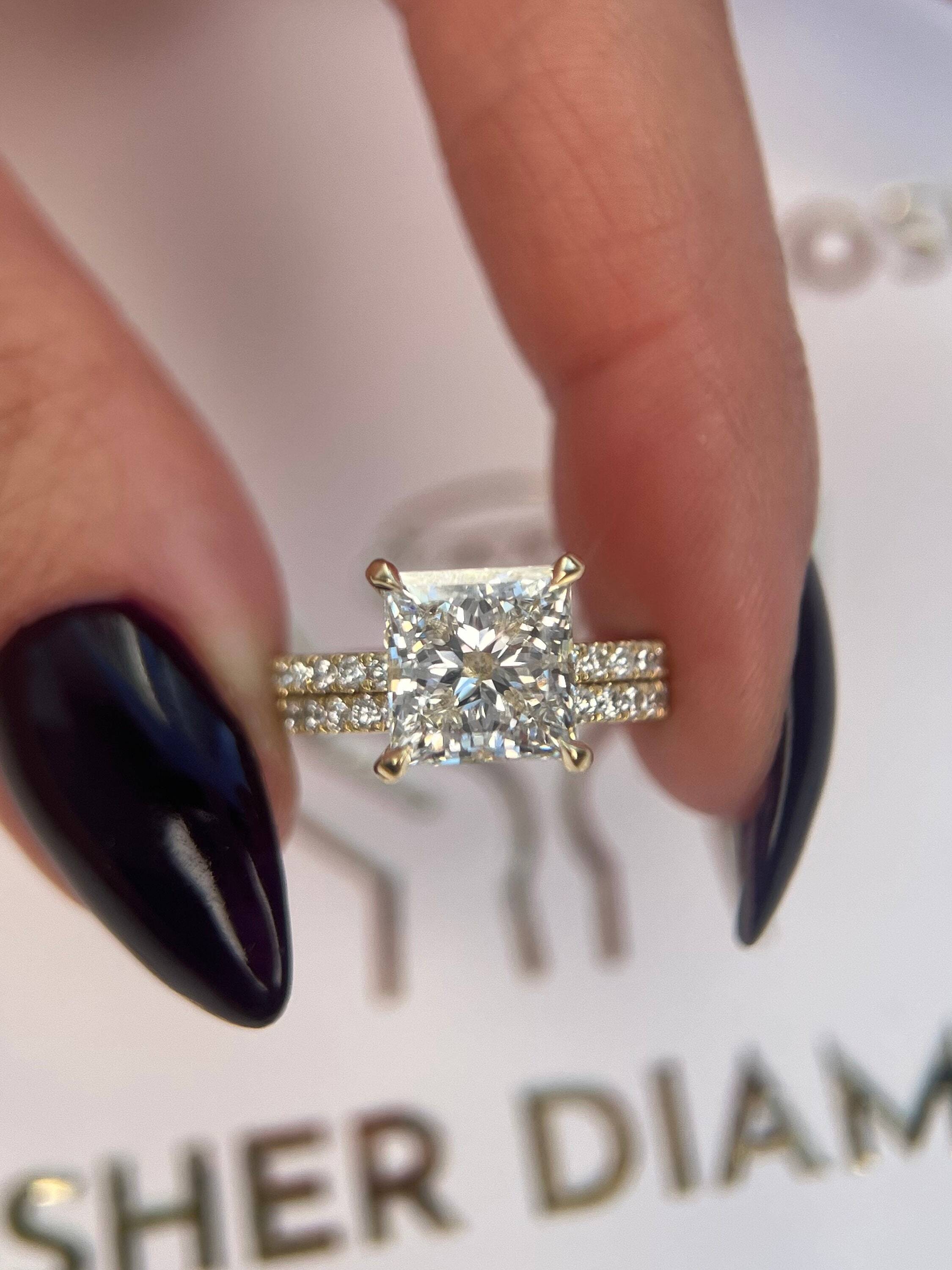3.5 Carat Princess Cut Diamond Solitaire Hidden Halo Engagement Ring Set & Matching Diamond Band